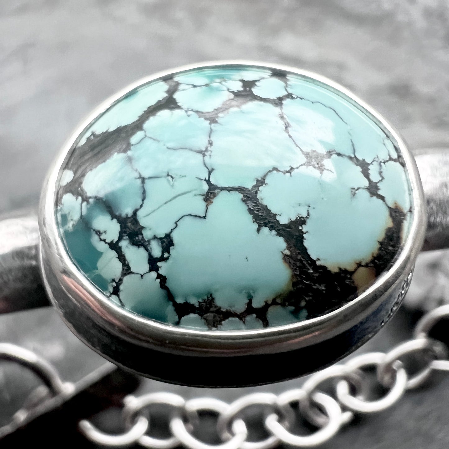 Sterling Silver Turquoise Bracelet | Genuine Natural Turquoise Hammered Cuff with Toggle Clasp
