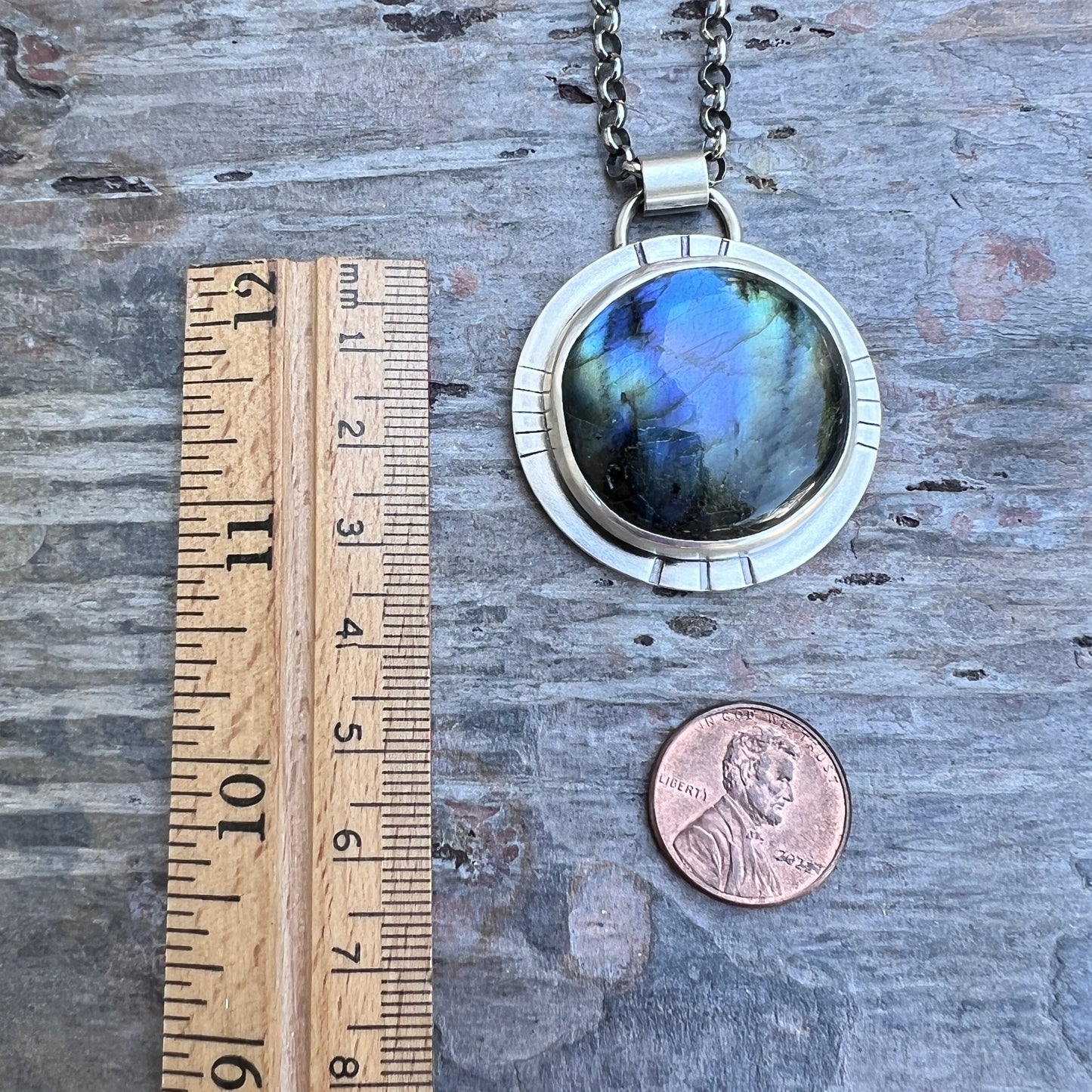 Labradorite Sterling Silver Necklace | Large Raw Natural Stone Round Pendant