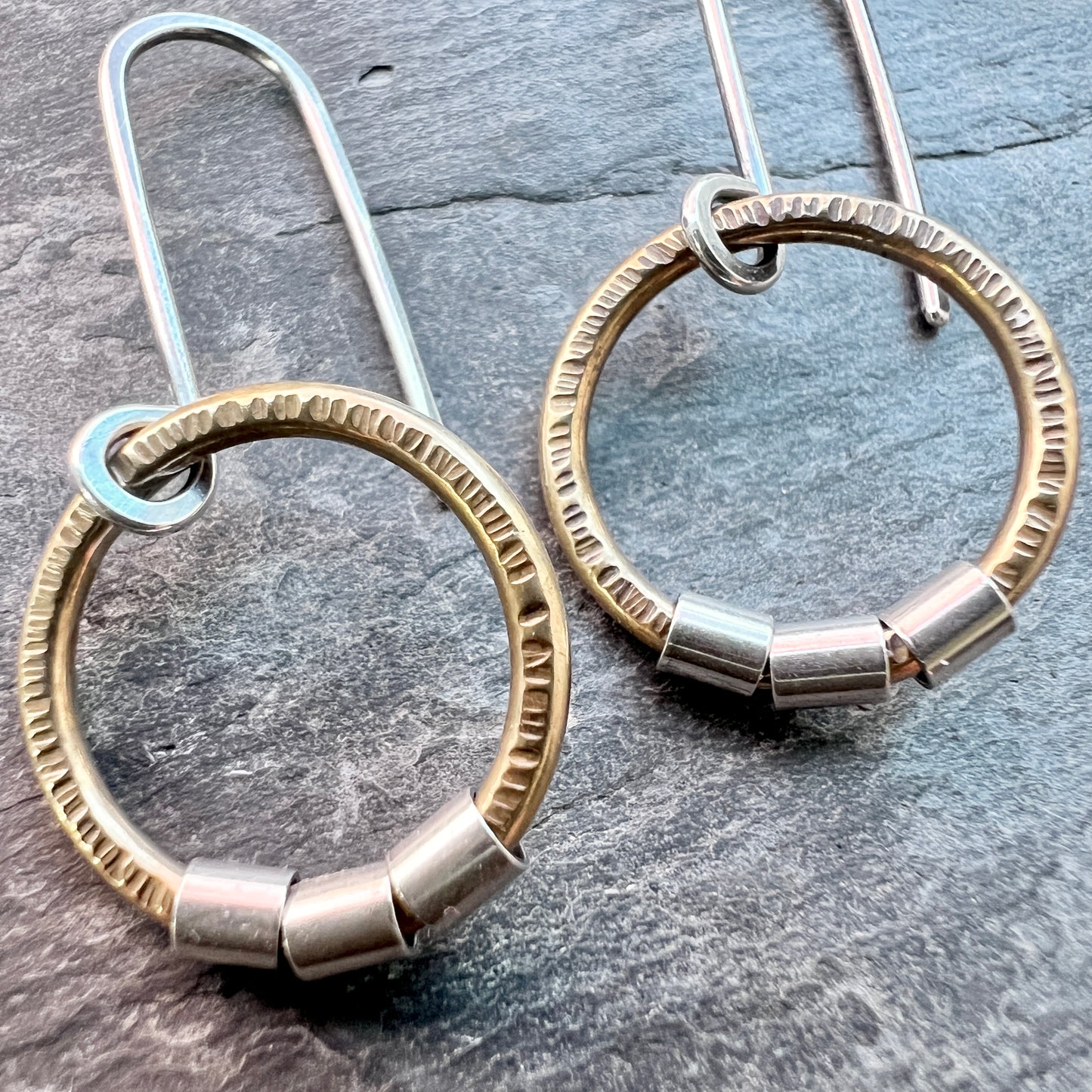 Sterling Silver and Brass Dangle Earrings | Mixed Metal Golden Brass Circles with Silver Beads
