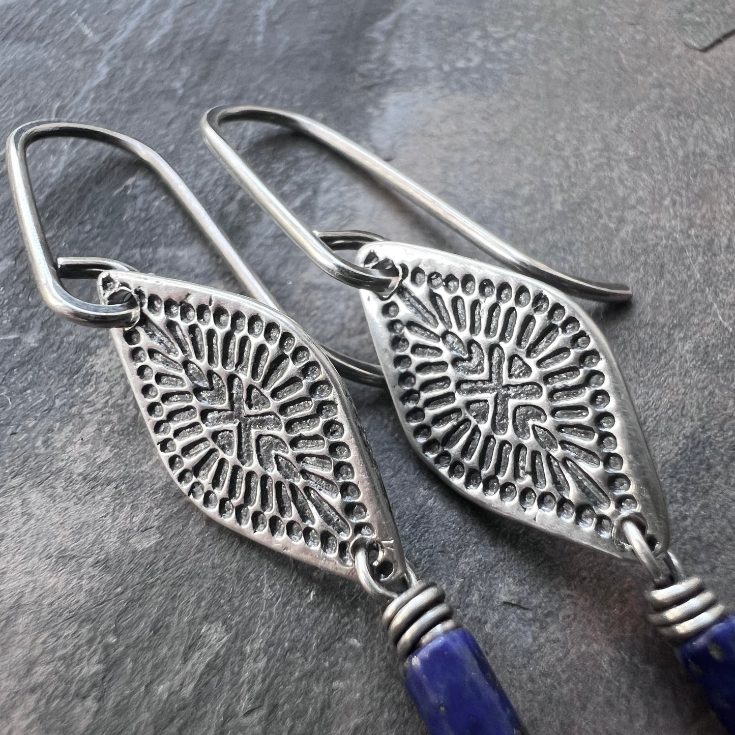 Sterling Silver Lapis Lazuli Earrings | Blue Natural Stone Stamped Silver Dangles