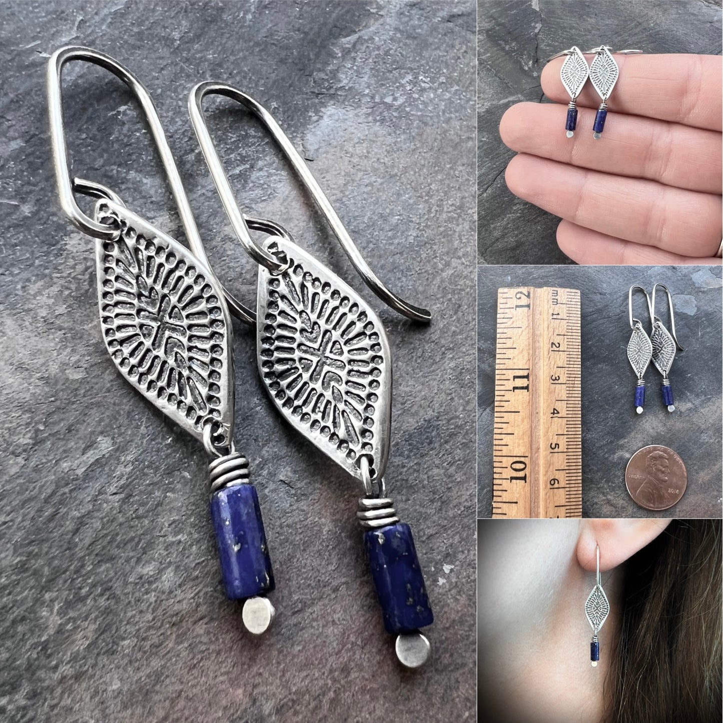 Sterling Silver Lapis Lazuli Earrings | Blue Natural Stone Stamped Silver Dangles