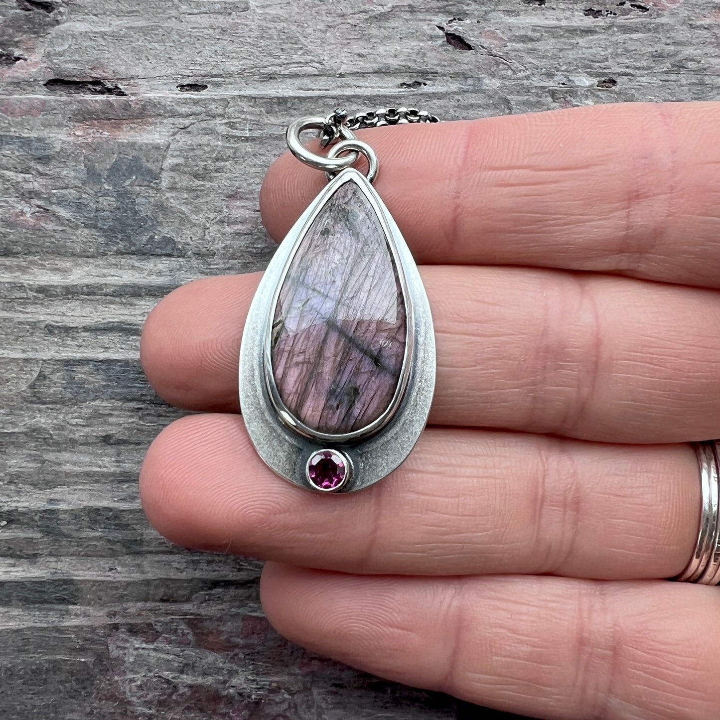 Sterling Silver Purple Labradorite and Rhodolite Garnet Necklace | Natural Stone Teardrop Pendant