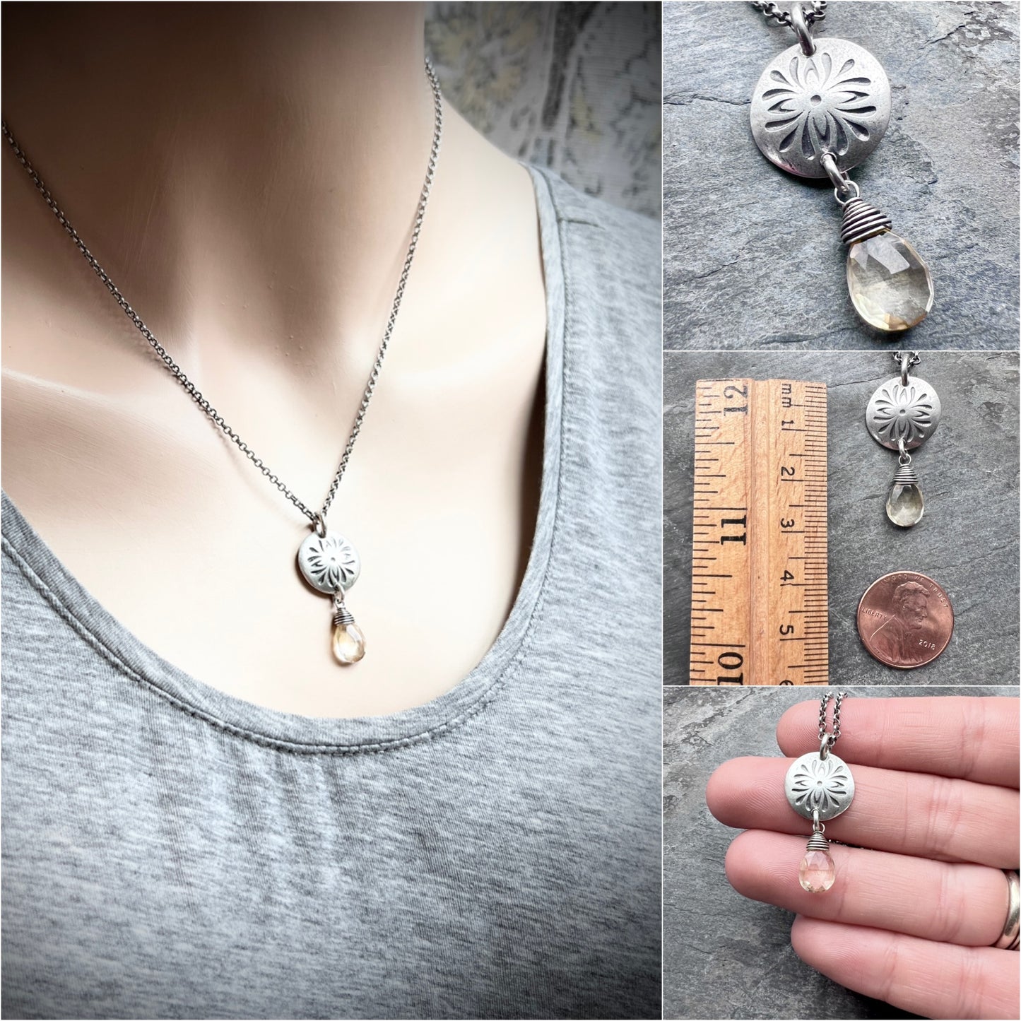 Genuine Citrine Sterling Silver Necklace | Flower Medallion and Yellow Teardrop Pendant