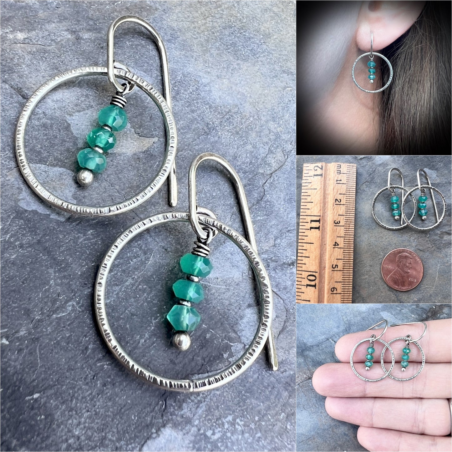 Green Onyx Sterling Silver Earrings | Emerald Green Natural Stone Dangle Hoops