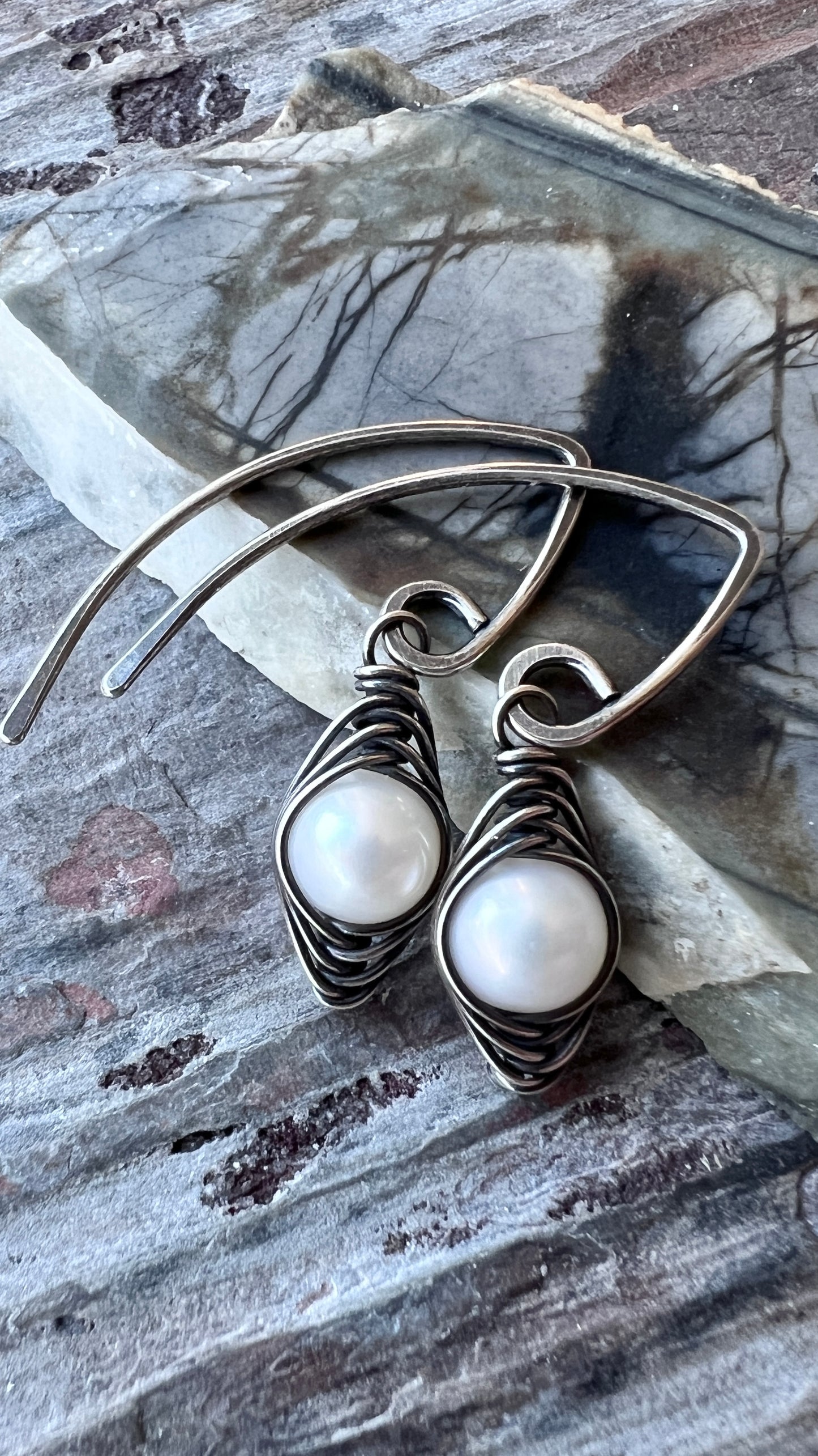 Sterling Silver Pearl Earrings | Genuine Freshwater Pearl Wire-wrapped Dangles