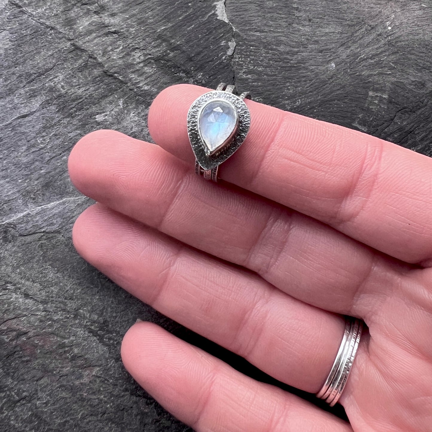 Sterling Silver Rainbow Moonstone Teardrop Skinny Stacking Ring Set - Size 8