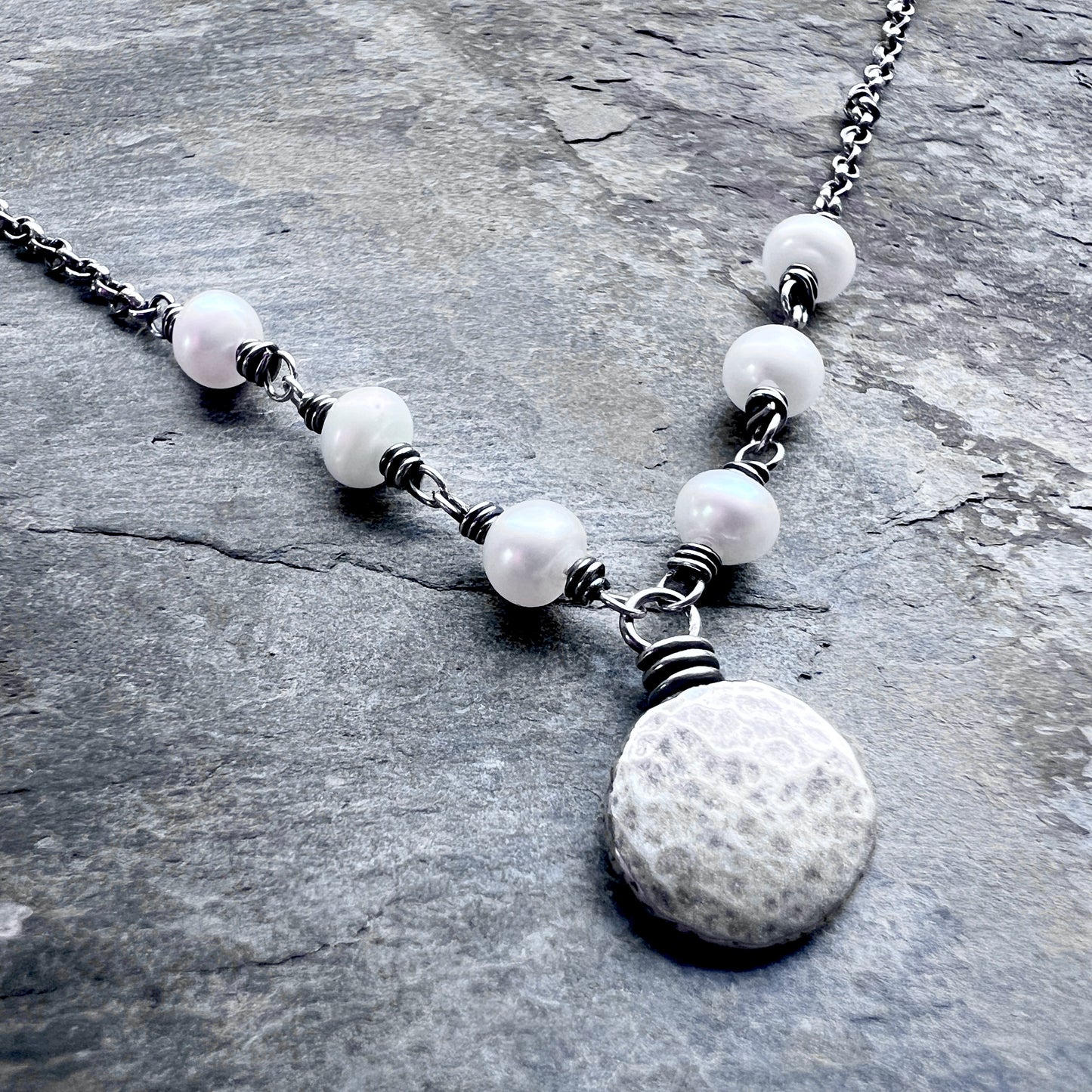 Sterling Silver Pearl Necklace | Wire-wrapped Pearls with Hammered Silver Pebble Pendant