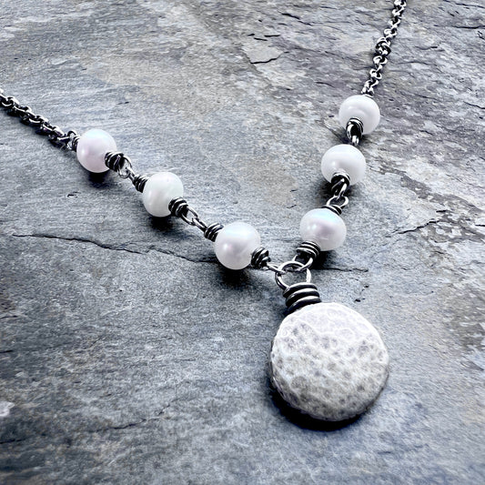 Sterling Silver Pearl Necklace | Wire-wrapped Pearls with Hammered Silver Pebble Pendant