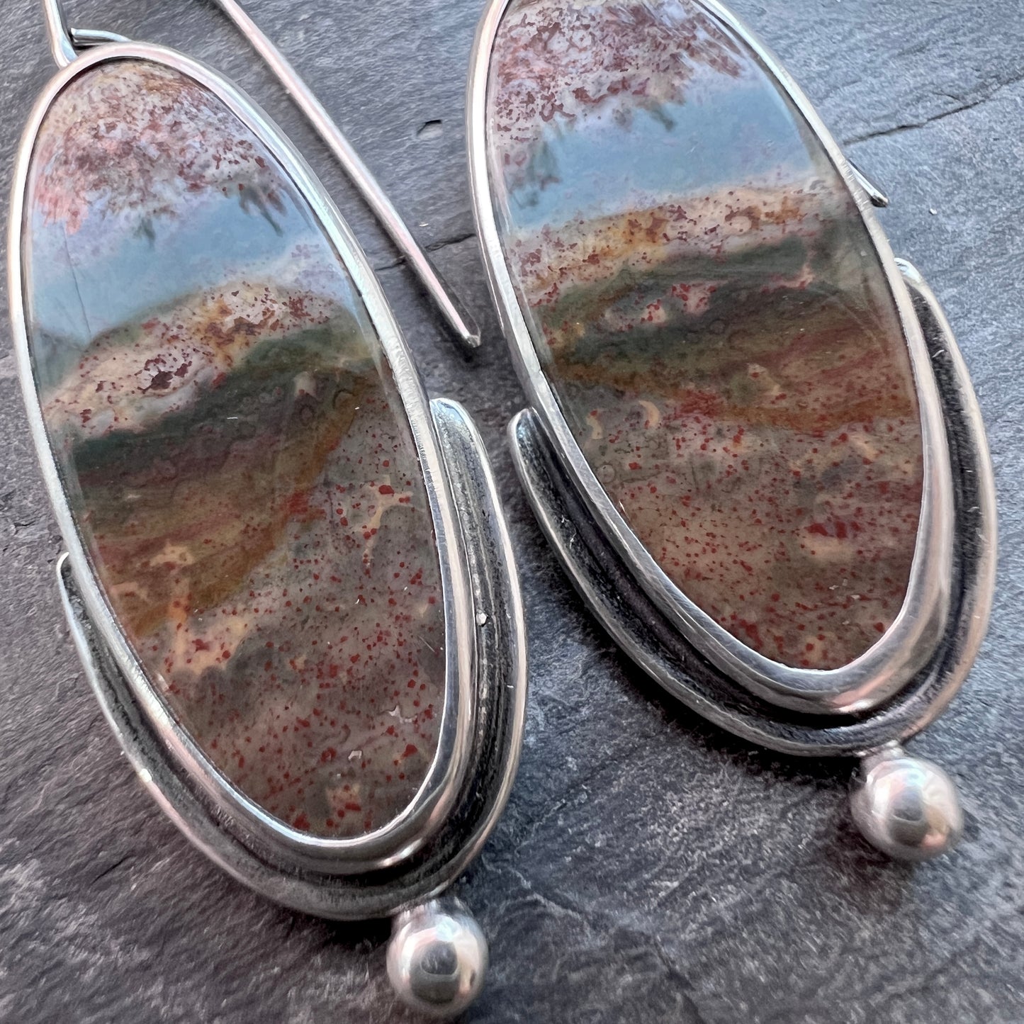 Jasper Sterling Silver Earrings | Green and Brown Natural Stone Dangle Earrings