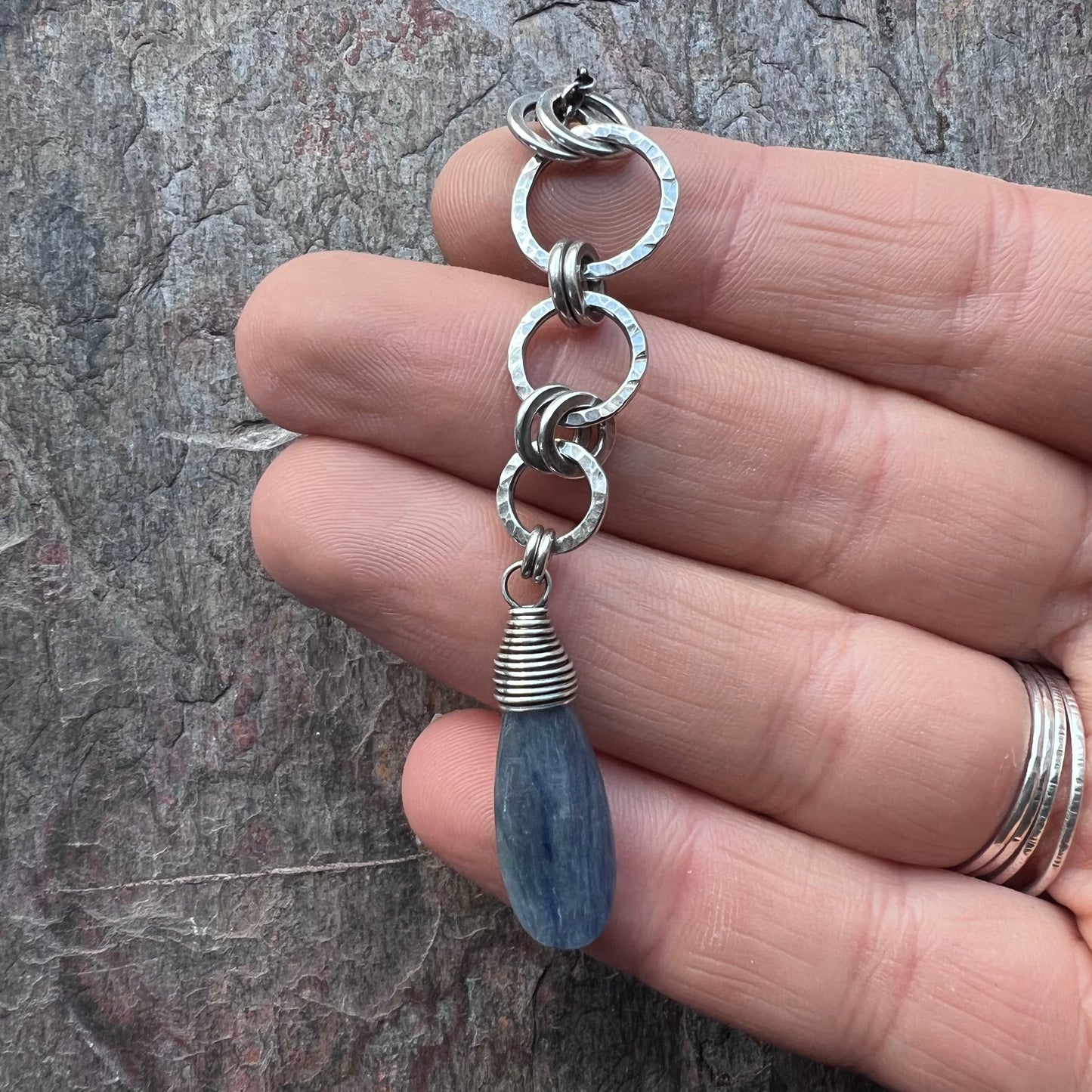 Sterling Silver Blue Kyanite Necklace Natural Stone Hammered Silver Pendant Long Necklace