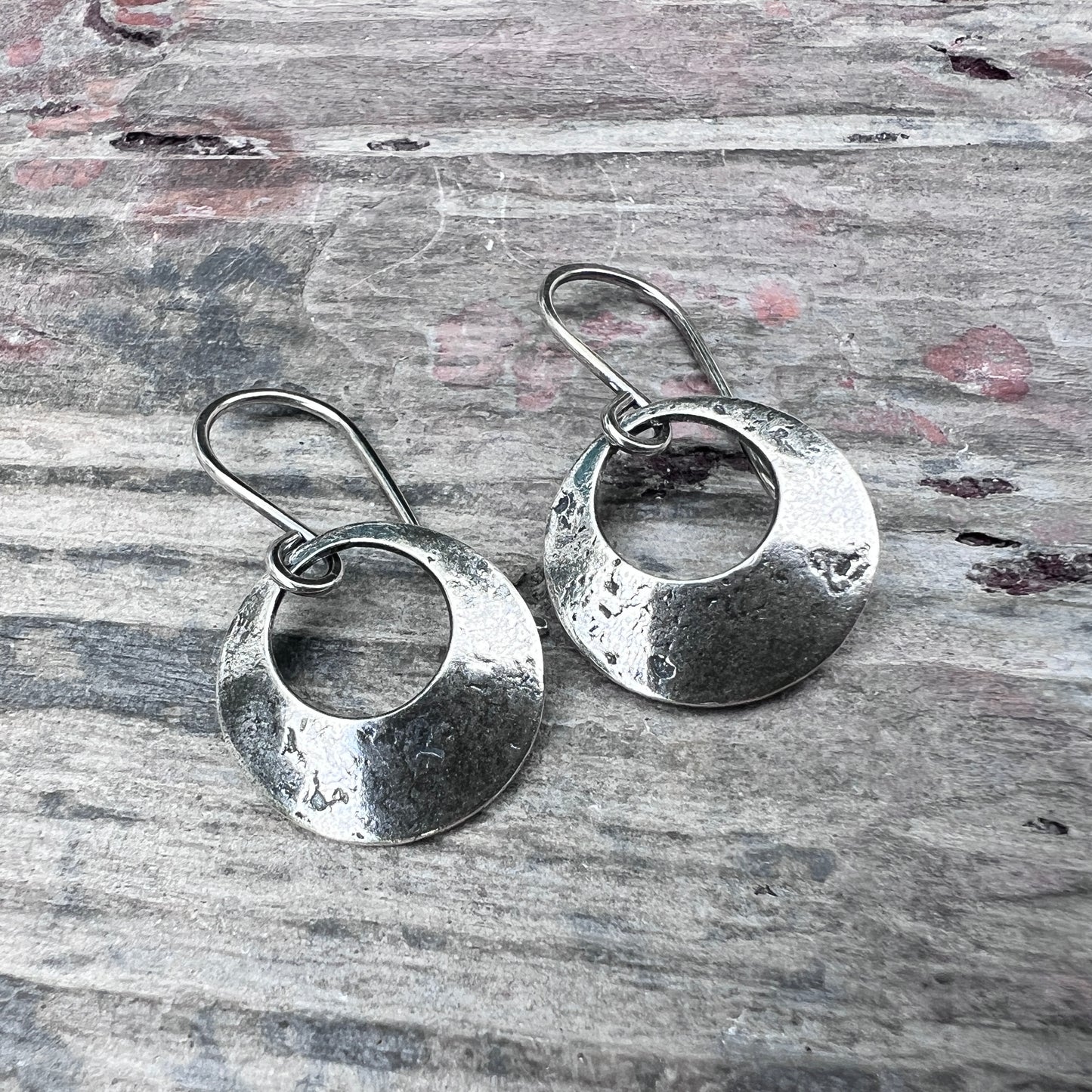 Sterling Silver Textured Circle Dangle Hoop Earrings