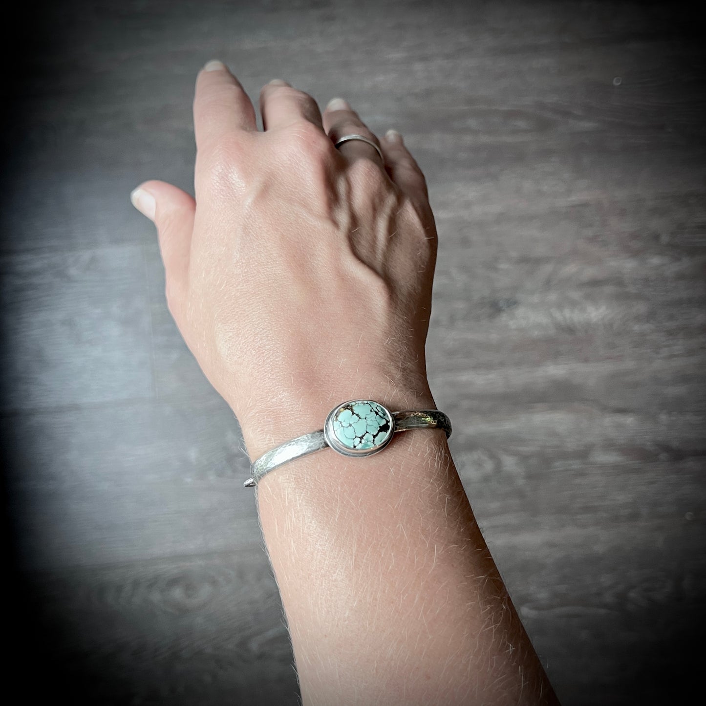 Sterling Silver Turquoise Bracelet | Genuine Natural Turquoise Hammered Cuff with Toggle Clasp