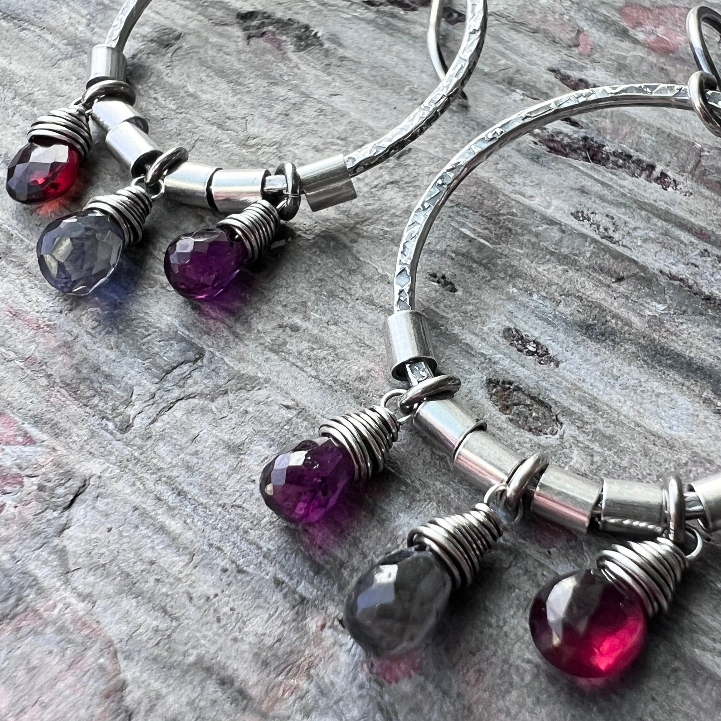 Sterling Silver Garnet and Iolite Earrings | Genuine Natural Stones and Hammered Silver Hoops