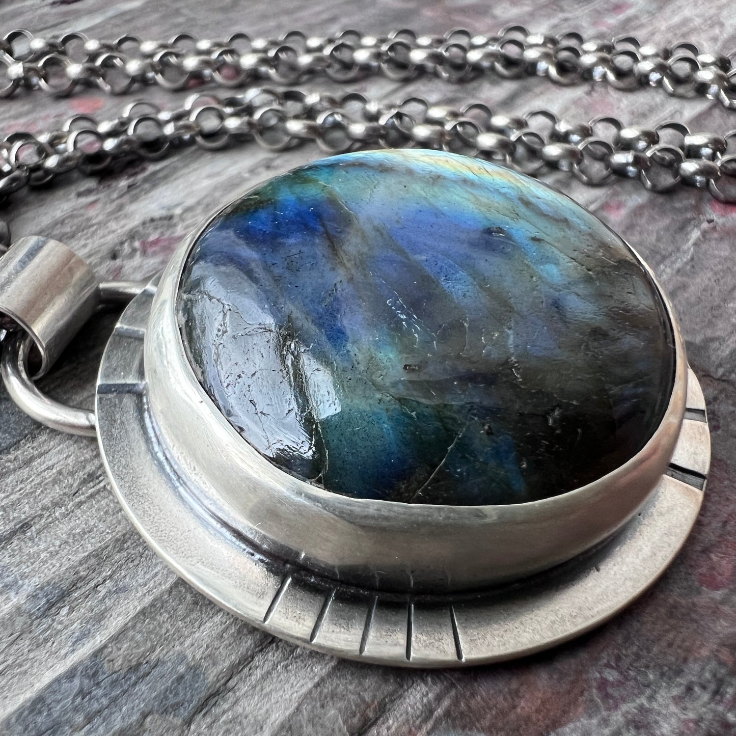 Labradorite Sterling Silver Necklace | Large Raw Natural Stone Round Pendant