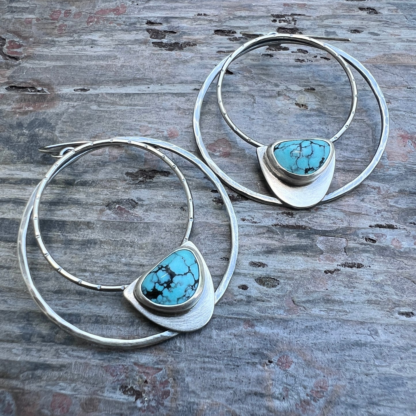 Sterling Silver Genuine Turquoise Hoops | Large Statement Earrings with Natural Stone