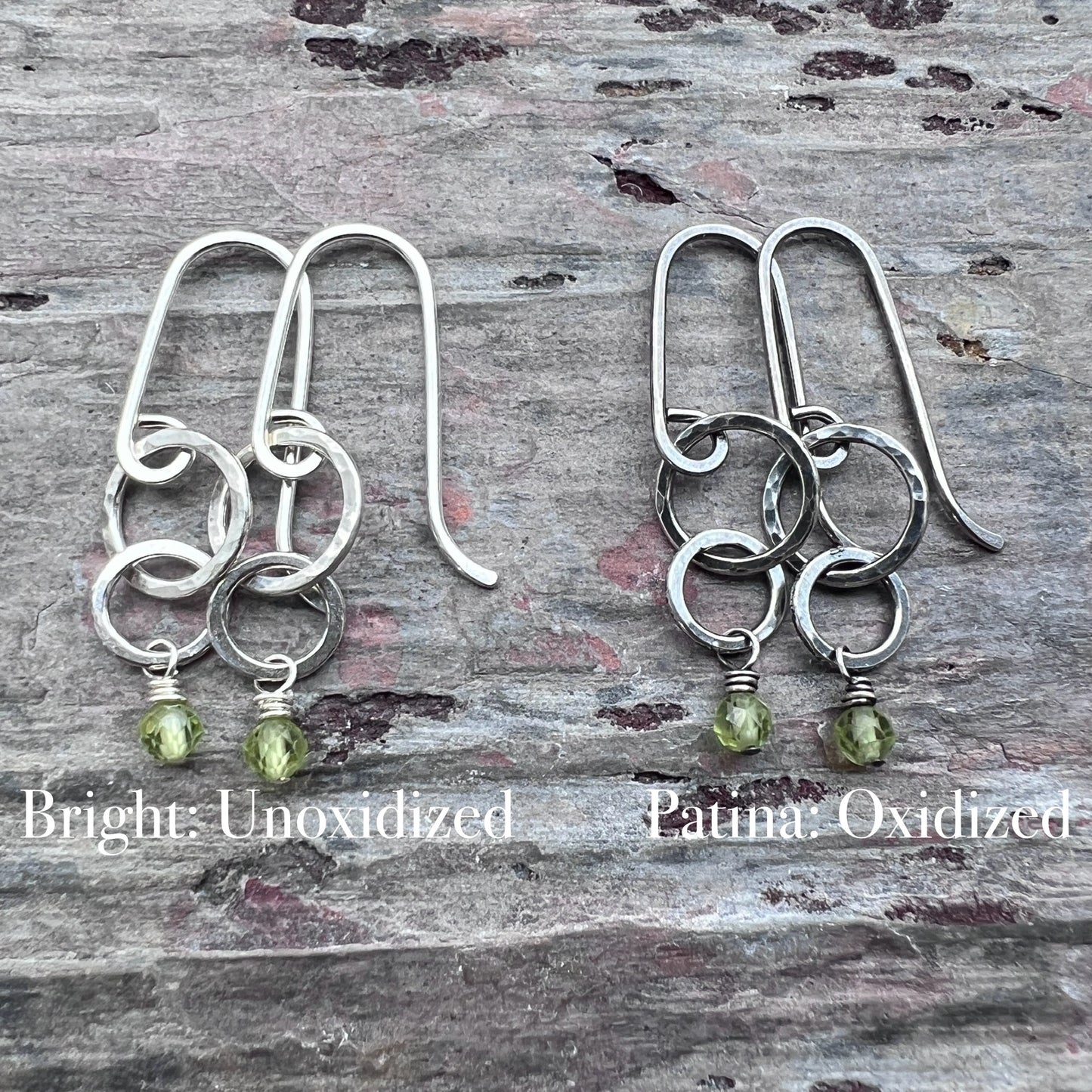 Customizable Sterling Silver Birthstone Earrings | Genuine Gemstone and Small Hammered Circles Dangle Earrings