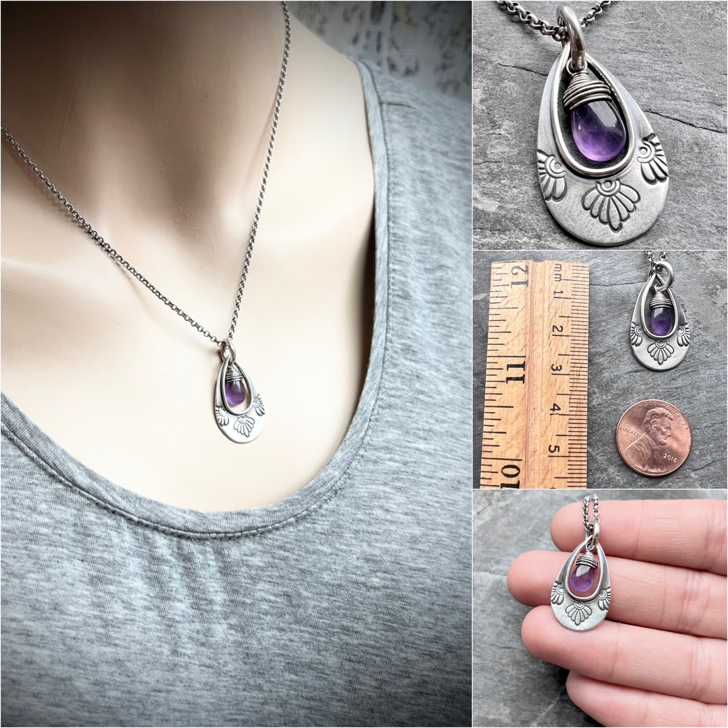 Genuine Amethyst Sterling Silver Necklace | Purple Teardrop Stamped Pendant