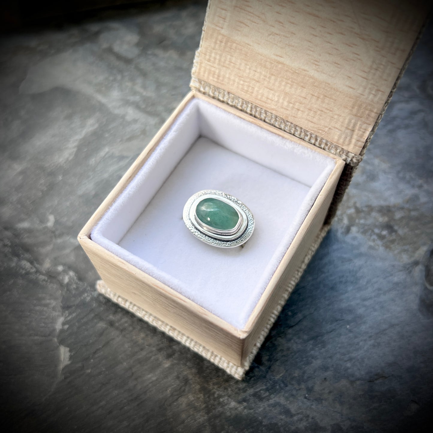 Sterling Silver Emerald Ring | Natural Stone Cabochon Ring - Size 7.25