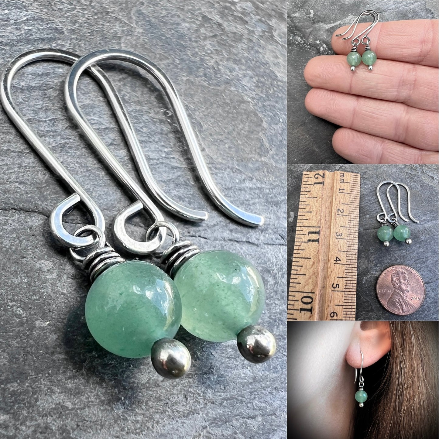 Sterling Silver Aventurine Earrings | Light Green Stone Dangles