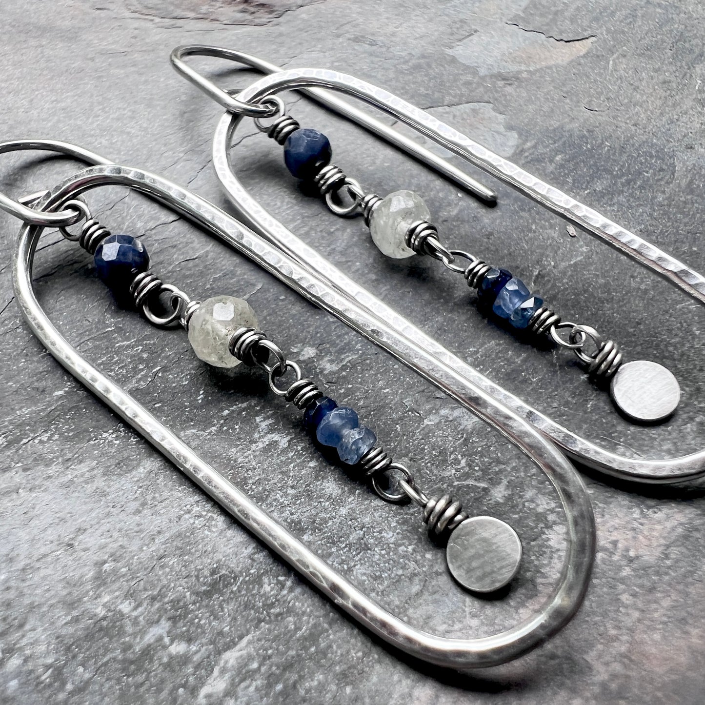 Genuine Sapphire Sterling Silver Earrings | Blue Natural Stone Hammered Oval Dangles