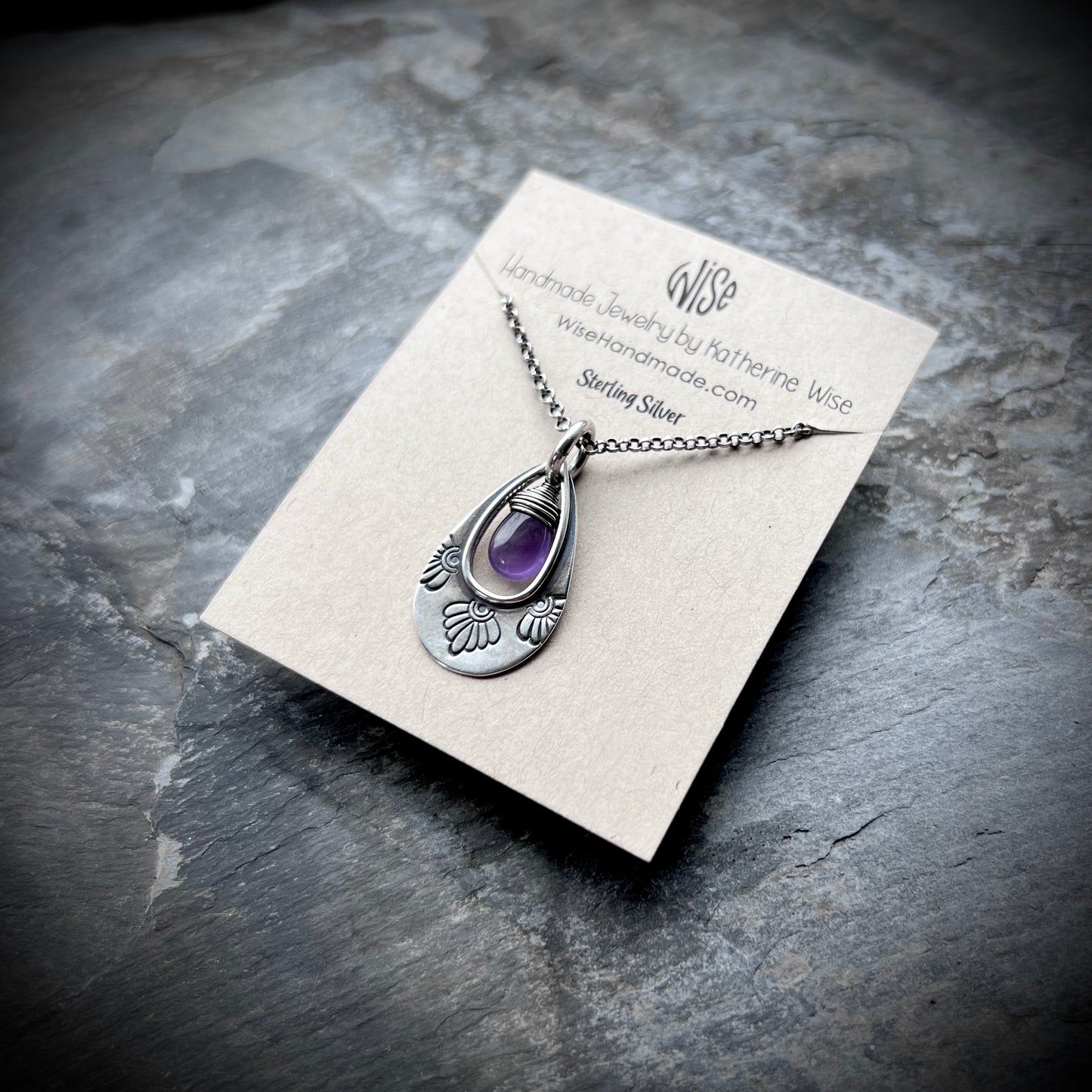 Genuine Amethyst Sterling Silver Necklace | Purple Teardrop Stamped Pendant