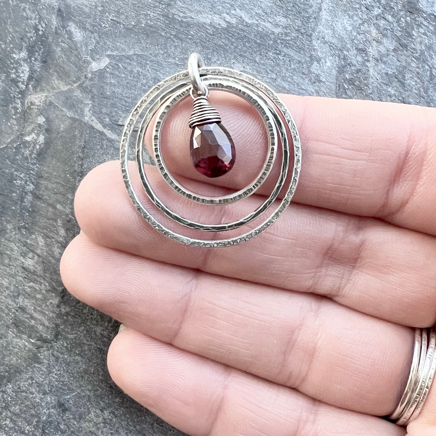 Genuine Garnet Sterling Silver Necklace | Deep Red Teardrop in Hammered Rings Pendant
