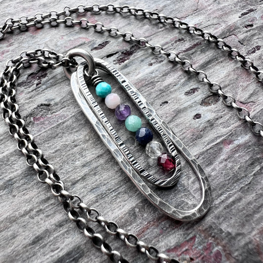 Sterling Silver Birthstone Necklace | Customizable Genuine Gemstone Hammered Long Oval Pendant