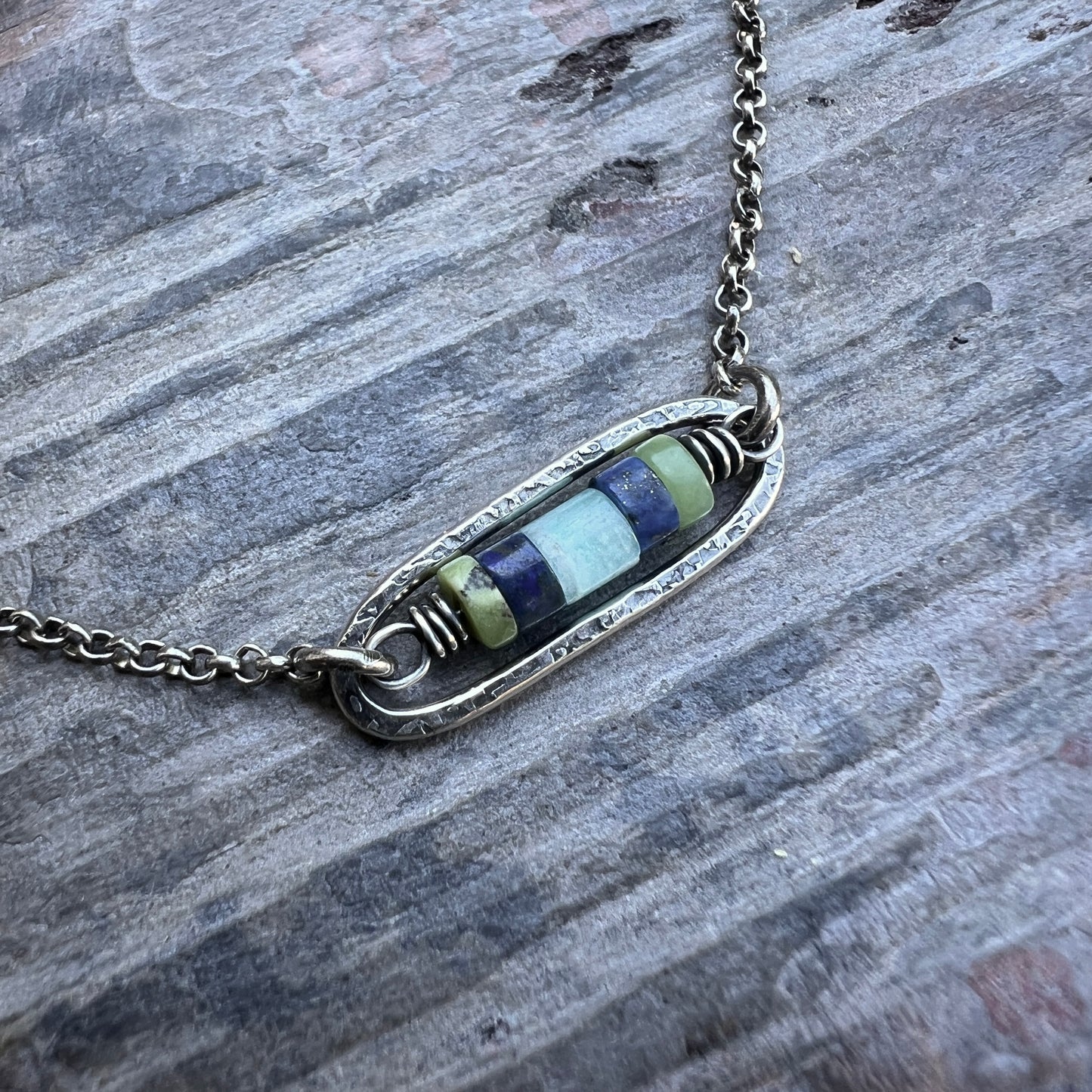 Sterling Silver Genuine Stone Necklace | Amazonite, Lapis Lazuli, and Chrysoprase in Hammered Oval Pendant