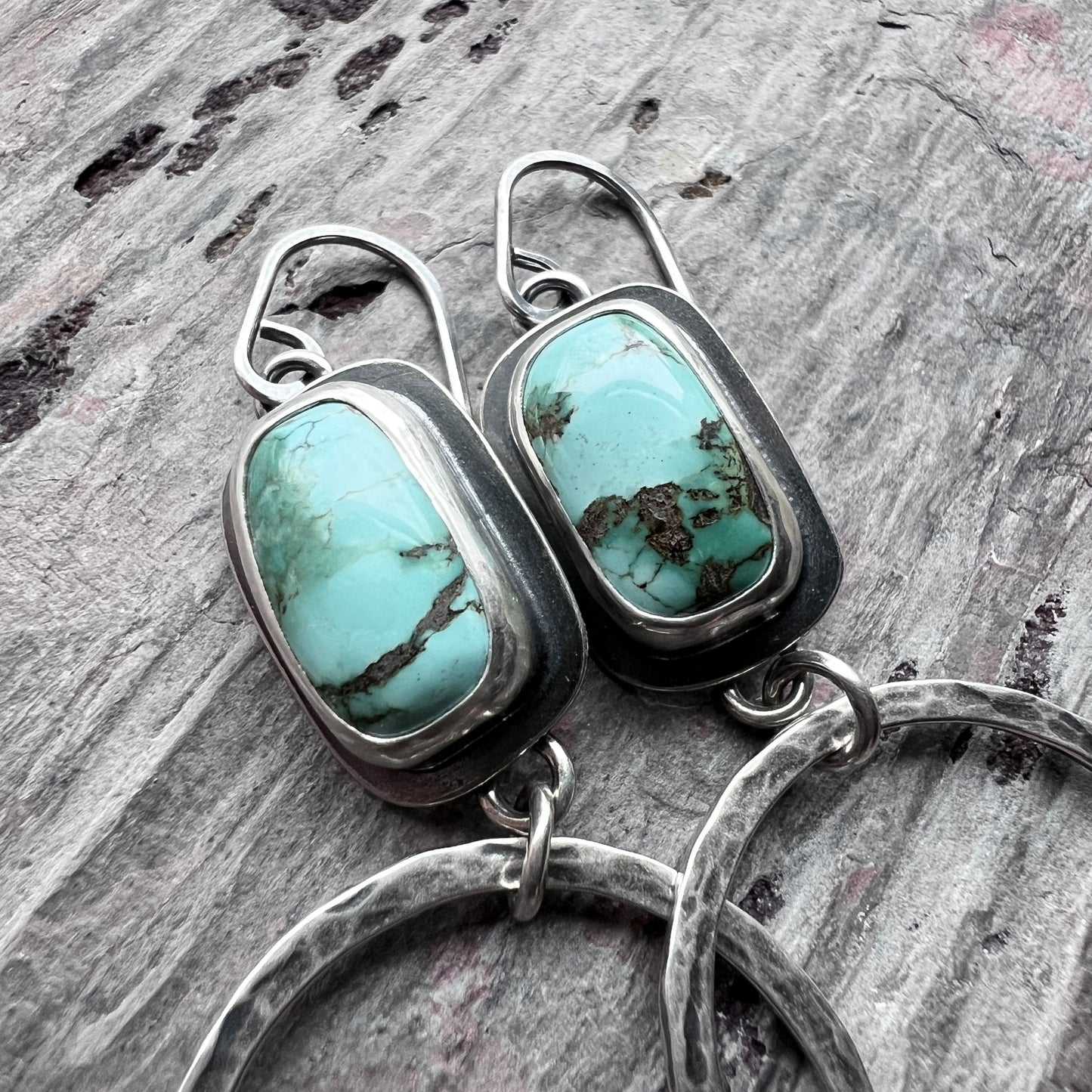 Turquoise Sterling Silver Earrings | Genuine Natural Turquoise and Hammered Hoops