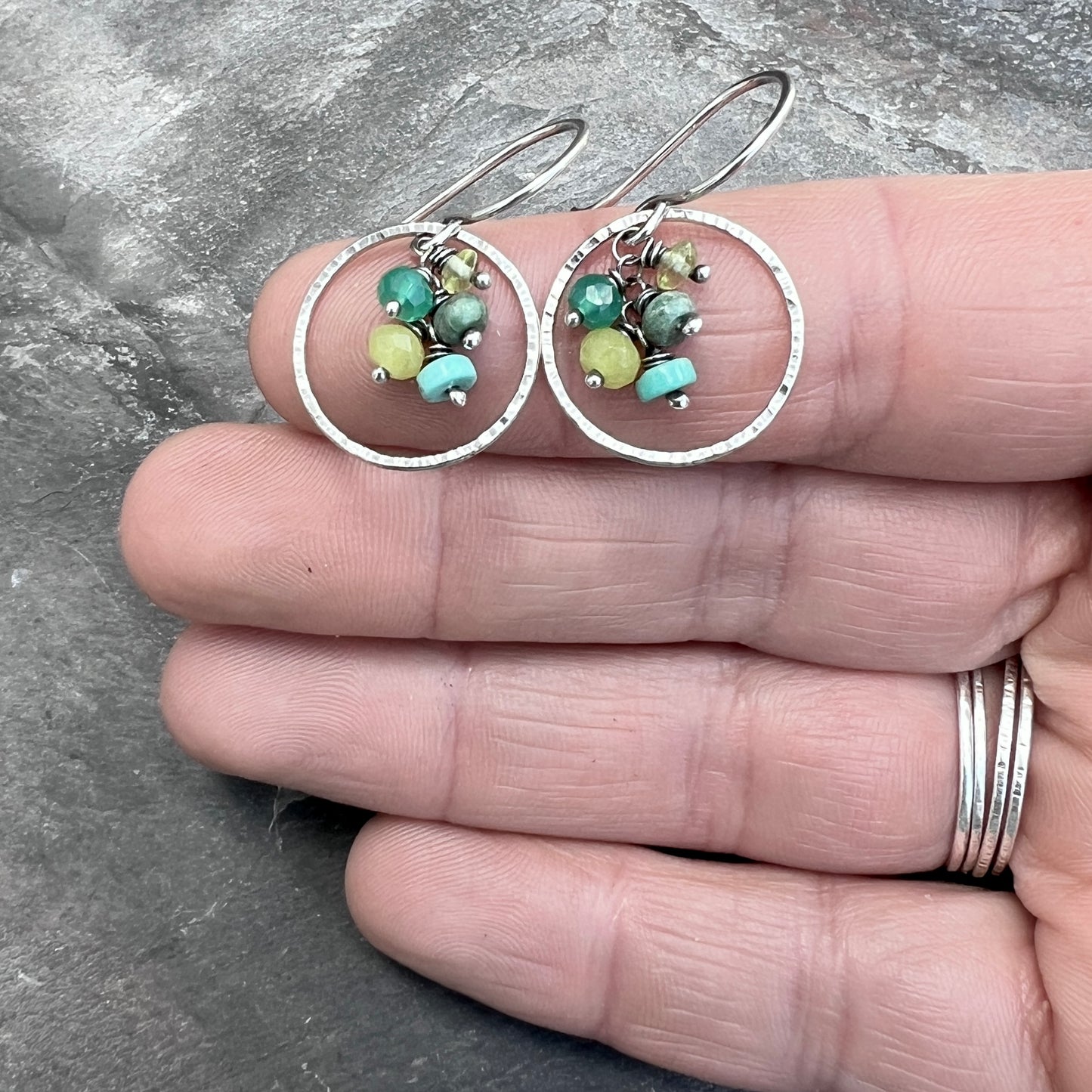Sterling Silver Green Gemstone Earrings | Hammered Rings and Natural Stone Dangles