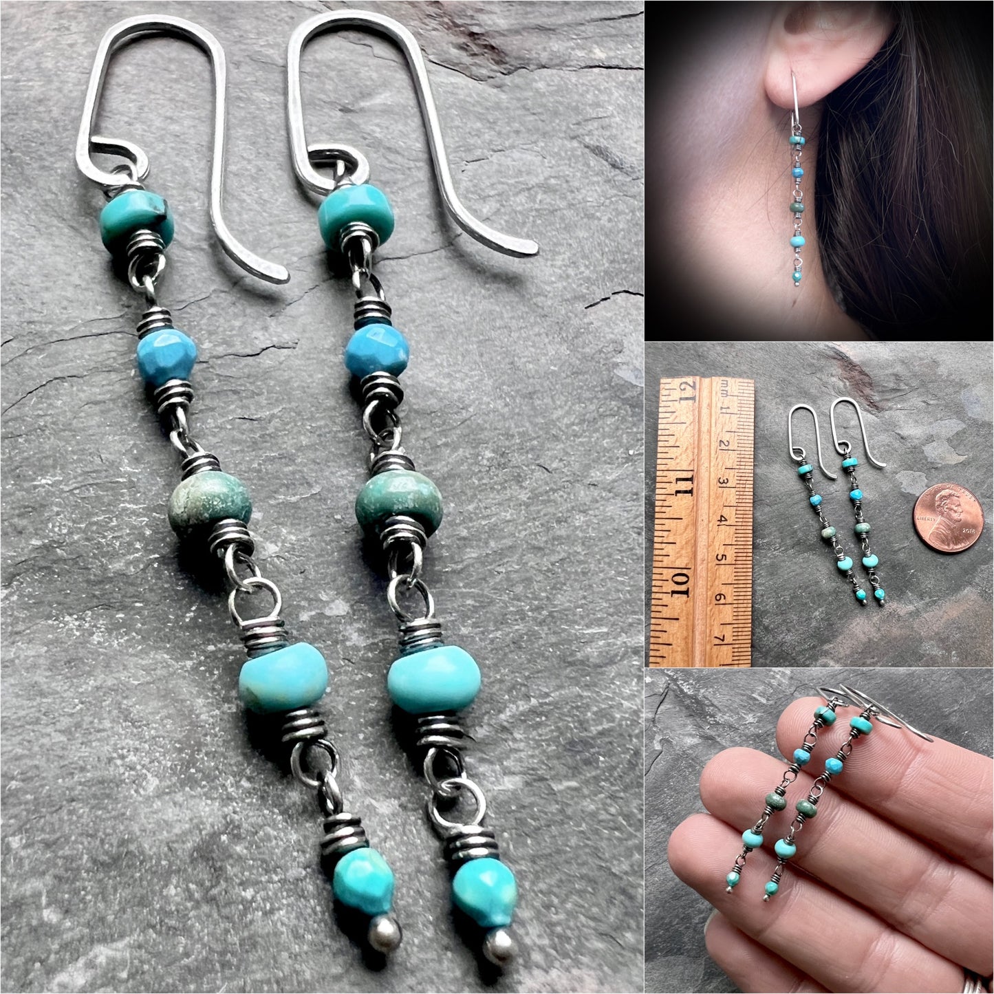 Genuine Turquoise Sterling Silver Earrings | Mixed Natural Stone Long Dangle Earrings