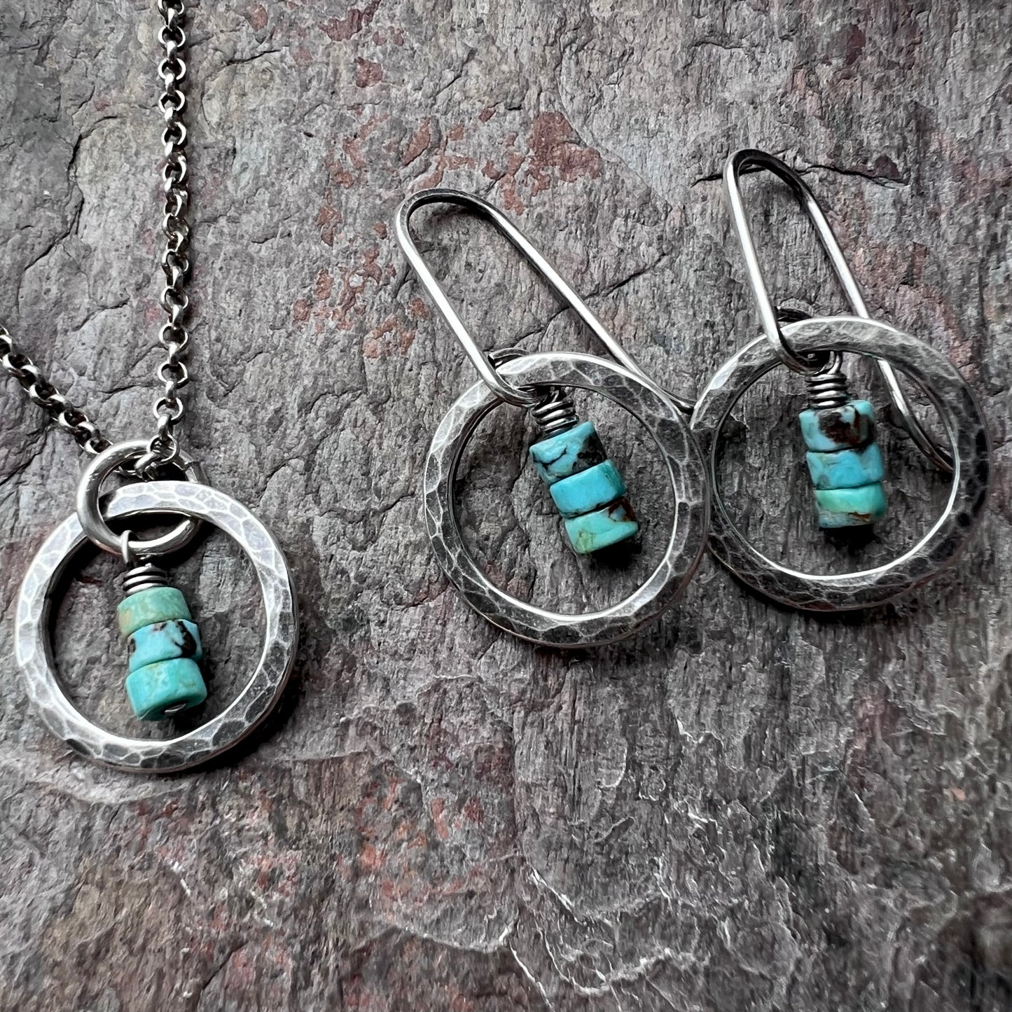 Turquoise Sterling Silver Necklace - Genuine Turquoise in Hammered Circle Pendant on Sterling Silver