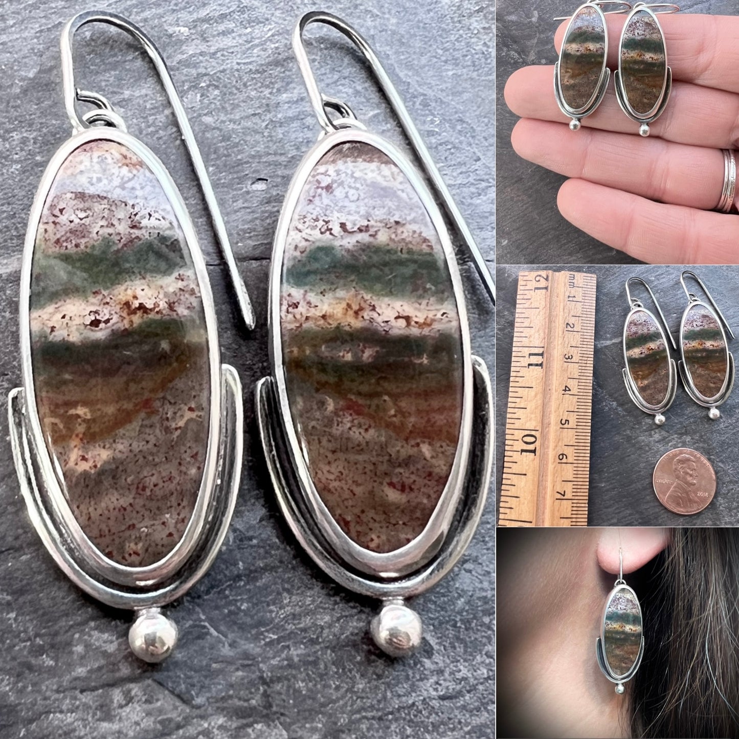Jasper Sterling Silver Earrings | Green and Brown Natural Stone Dangle Earrings