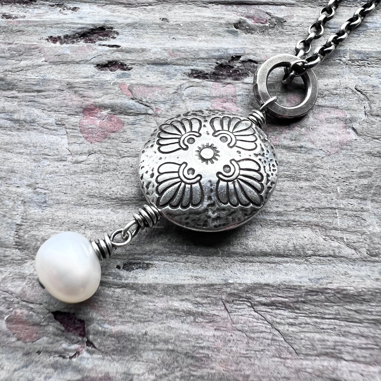 Sterling Silver Pearl Necklace | Floral Medallion and Genuine Pearl Pendant