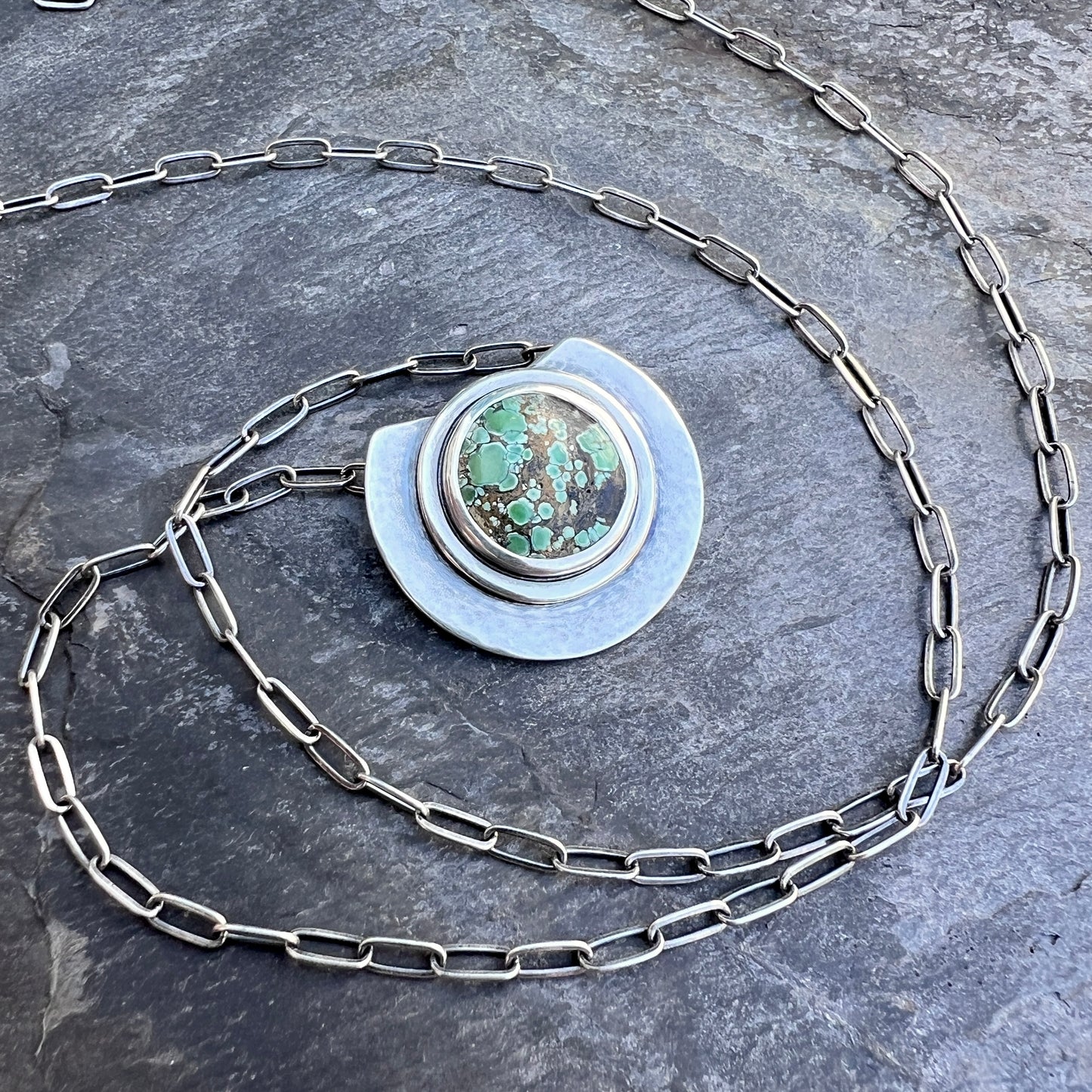 Sterling Silver Genuine Turquoise Necklace | Green Natural Stone Round Cabochon Pendant