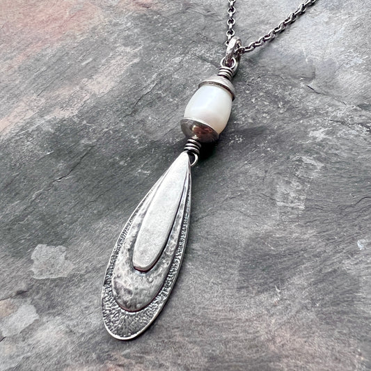 Sterling Silver Teardrop and Pearl Necklace | Hammered Teardrop and White Pearl Pendant