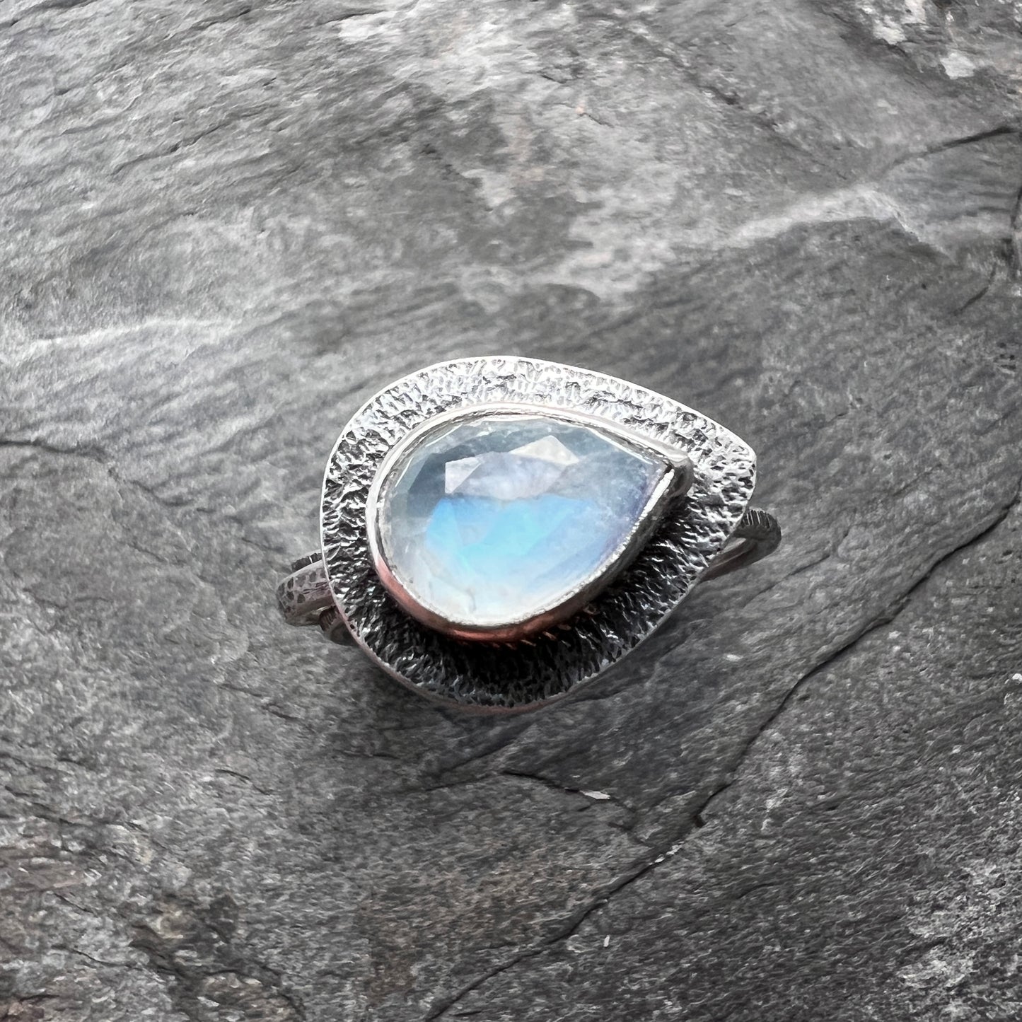 Sterling Silver Rainbow Moonstone Teardrop Skinny Stacking Ring Set - Size 8