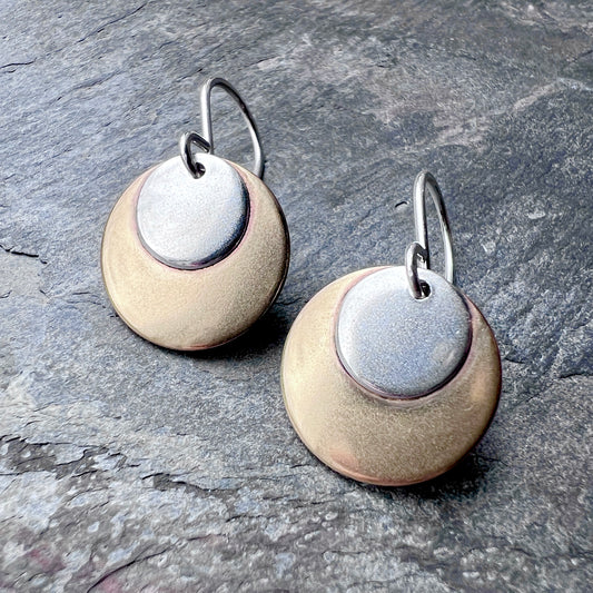Sterling Silver and Golden Brass Earrings | Mixed Metal Layered Circle Dangles