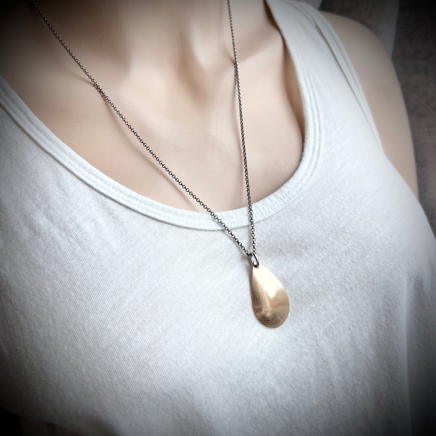 Golden Bronze Teardrop Pendant with Sterling Silver Chain | Mixed Metal Necklace