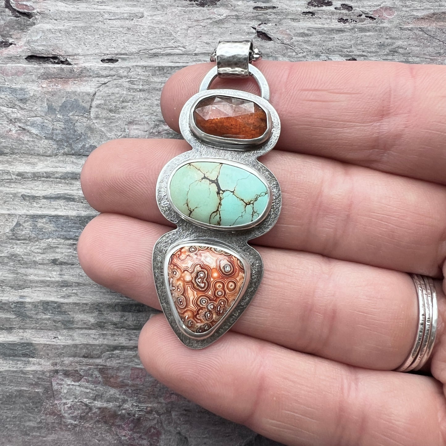 Ocean Jasper, Turquoise, and Orange Kyanite Sterling Silver Necklace | Artisan One-of-a-kind Natural Stone Pendant