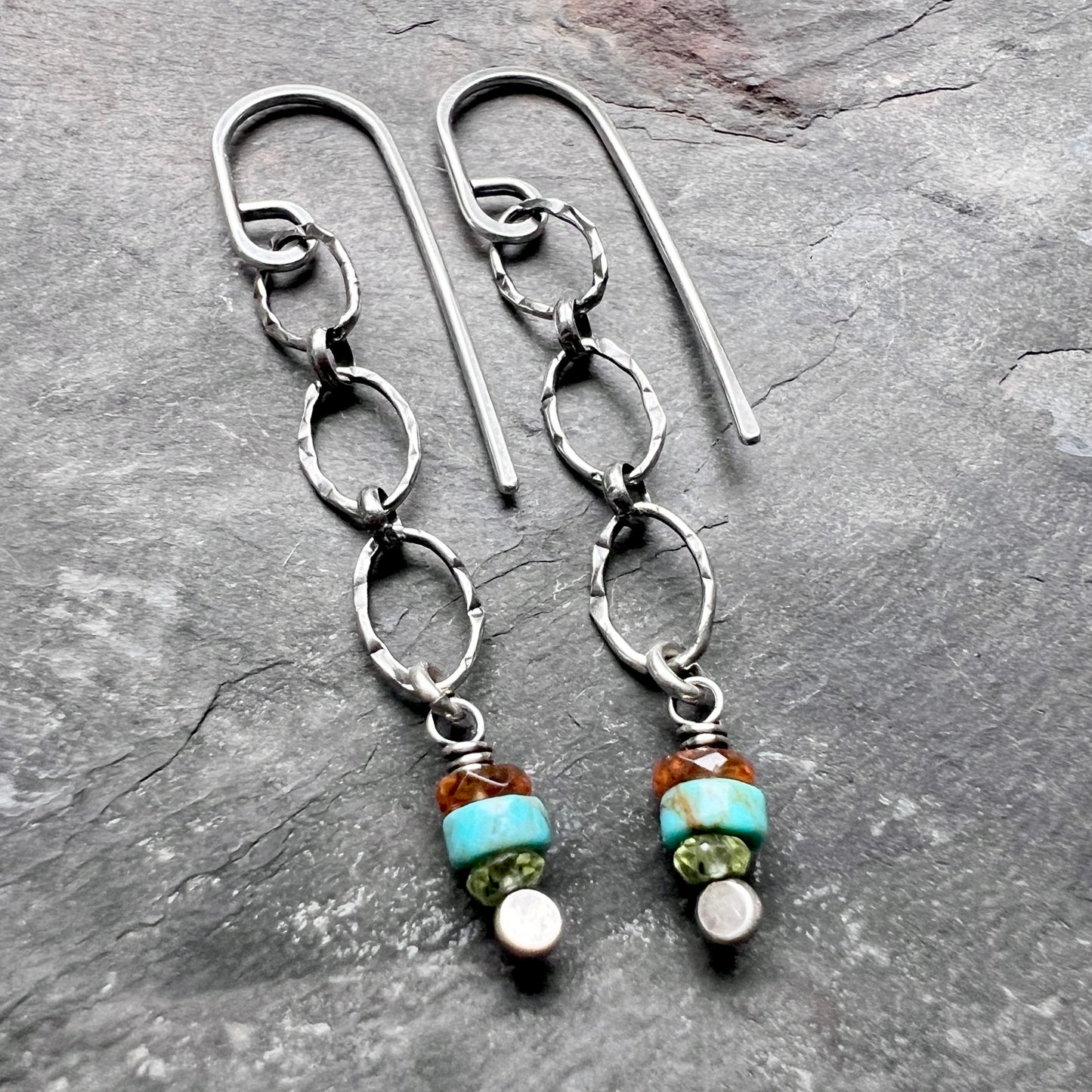 Peridot, Turquoise, Garnet, and Sterling Silver Lightweight Dangle Earrings