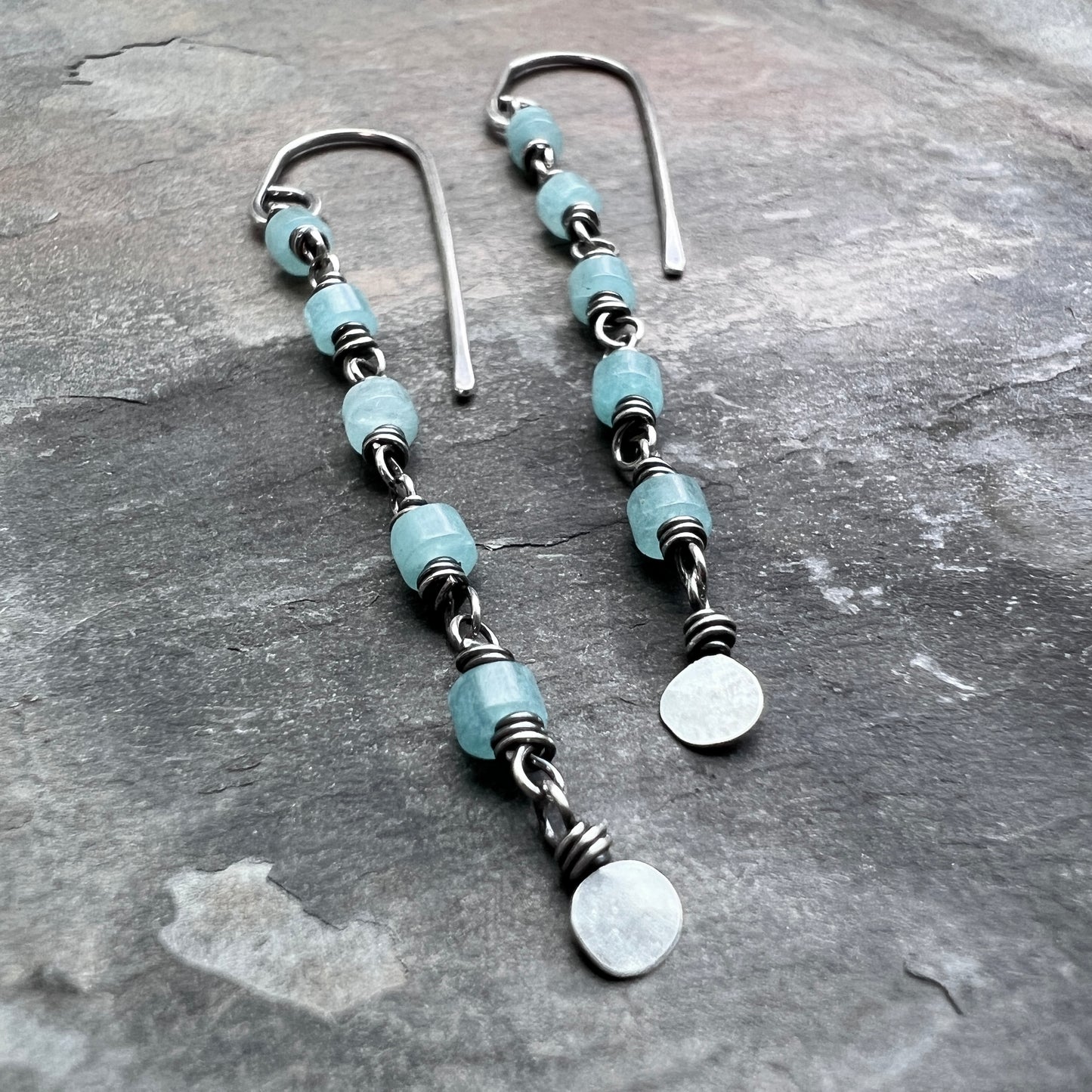 Sterling Silver Amazonite Earrings | Aqua Natural Stone Long Dangle Earrings