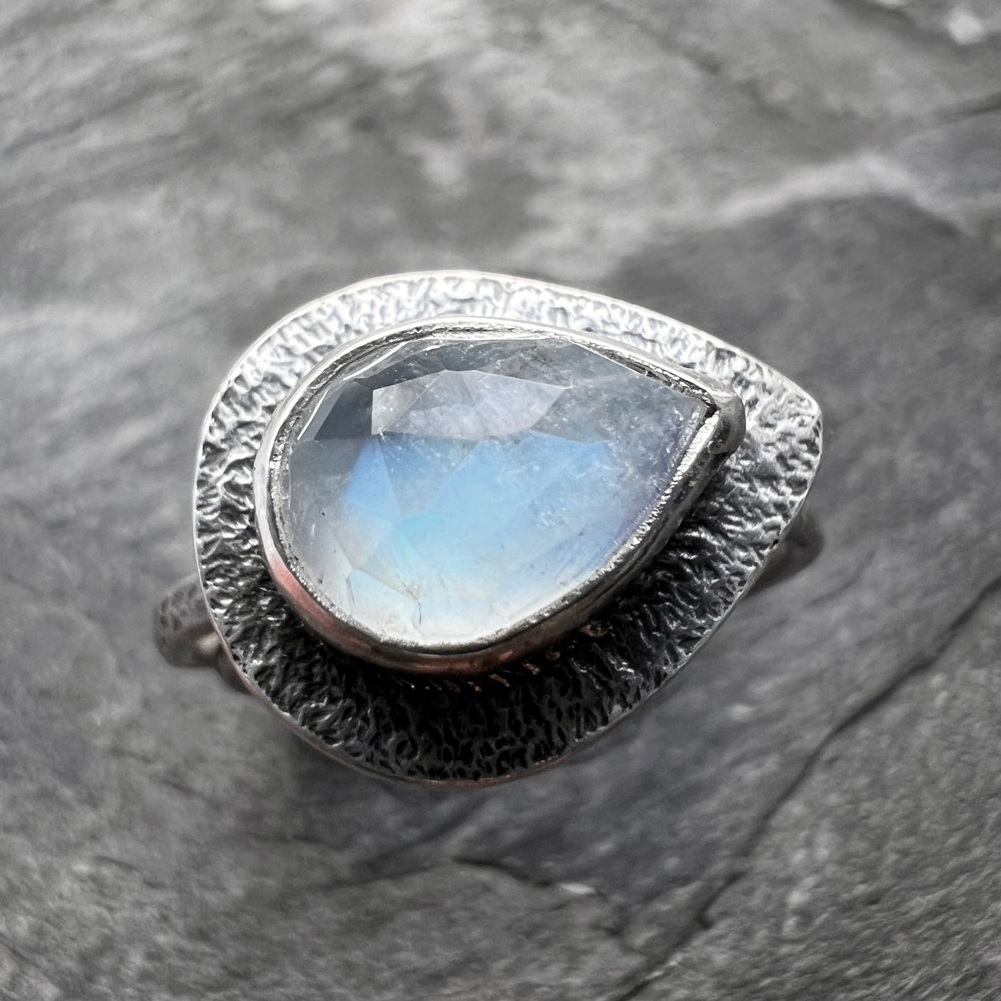 Sterling Silver Rainbow Moonstone Teardrop Skinny Stacking Ring Set - Size 8