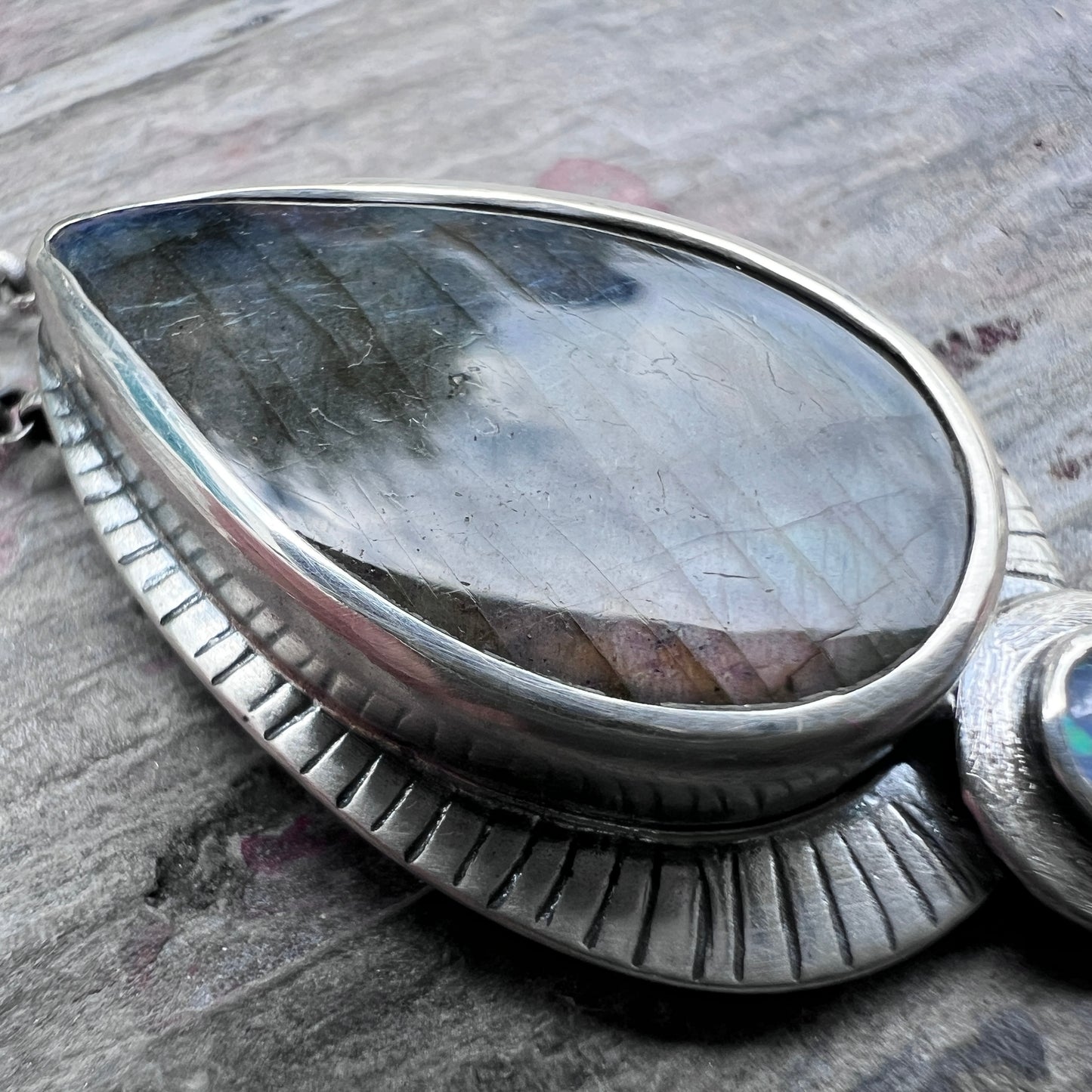 Sterling Silver Labradorite Necklace | Natural Stone Teardrop with Opal Triplet Pendant