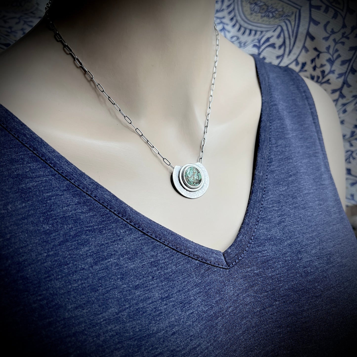 Sterling Silver Genuine Turquoise Necklace | Green Natural Stone Round Cabochon Pendant