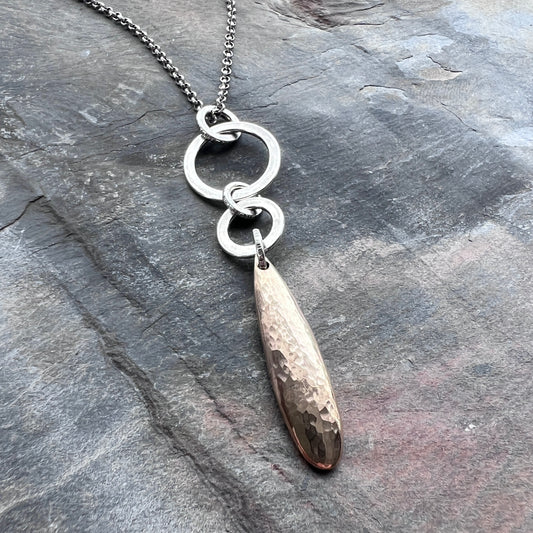 Sterling Silver and Bronze Teardrop on Rings Necklace | Minimalist Hammered Drop Pendant