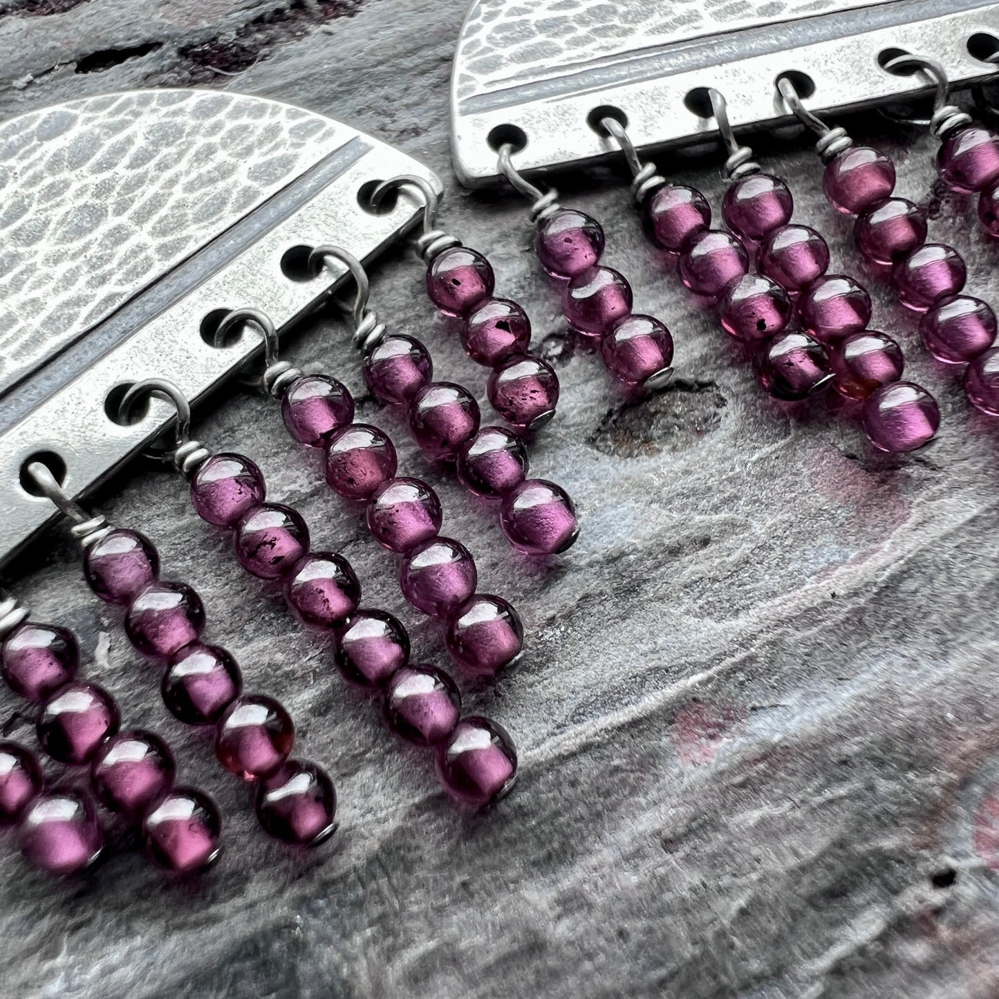 Garnet Sterling Silver Earrings | Hammered Silver and Genuine Garnet Fringe Dangles