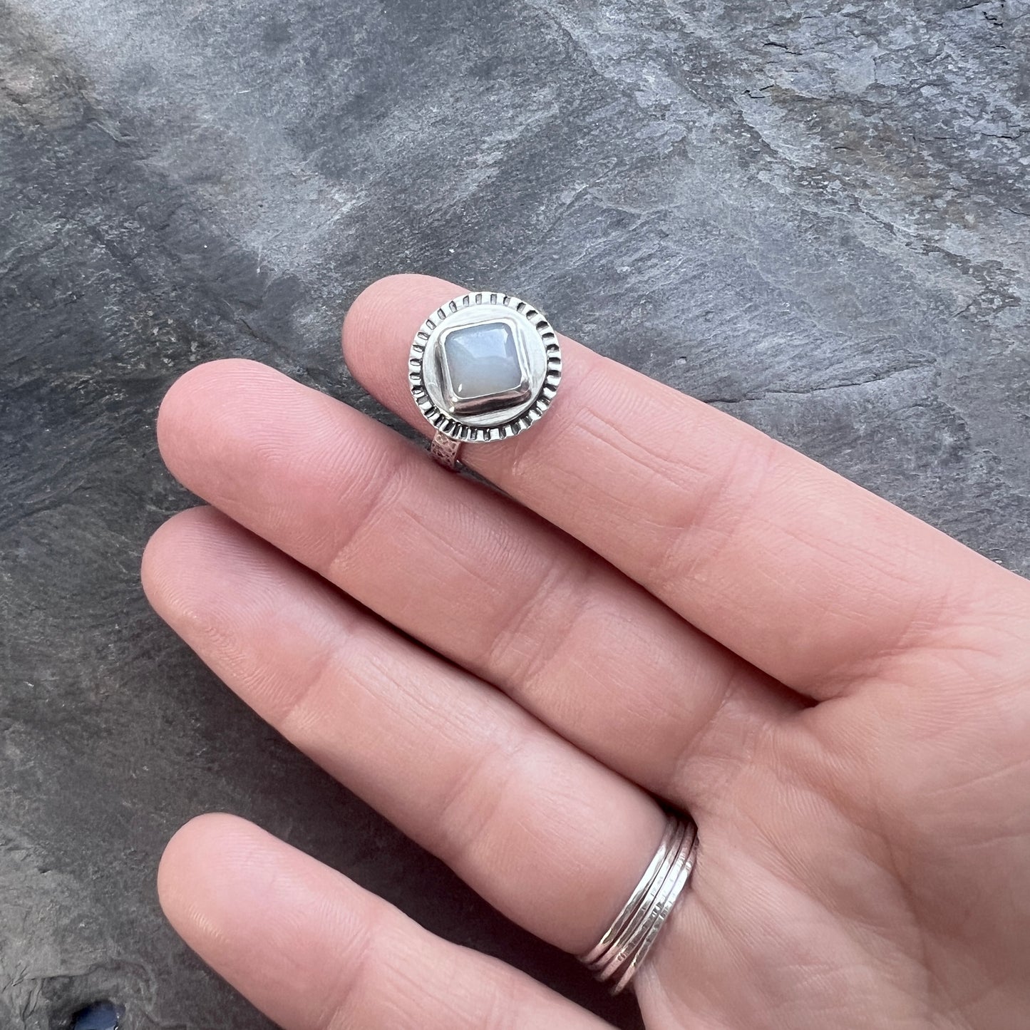 Sterling Silver Chalcedony Ring | Natural Stone Cabochon Ring - Size 7.75