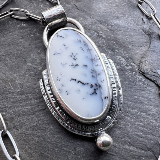 Sterling Silver Dendritic Opal Necklace | Black & White Natural Stone Pendant