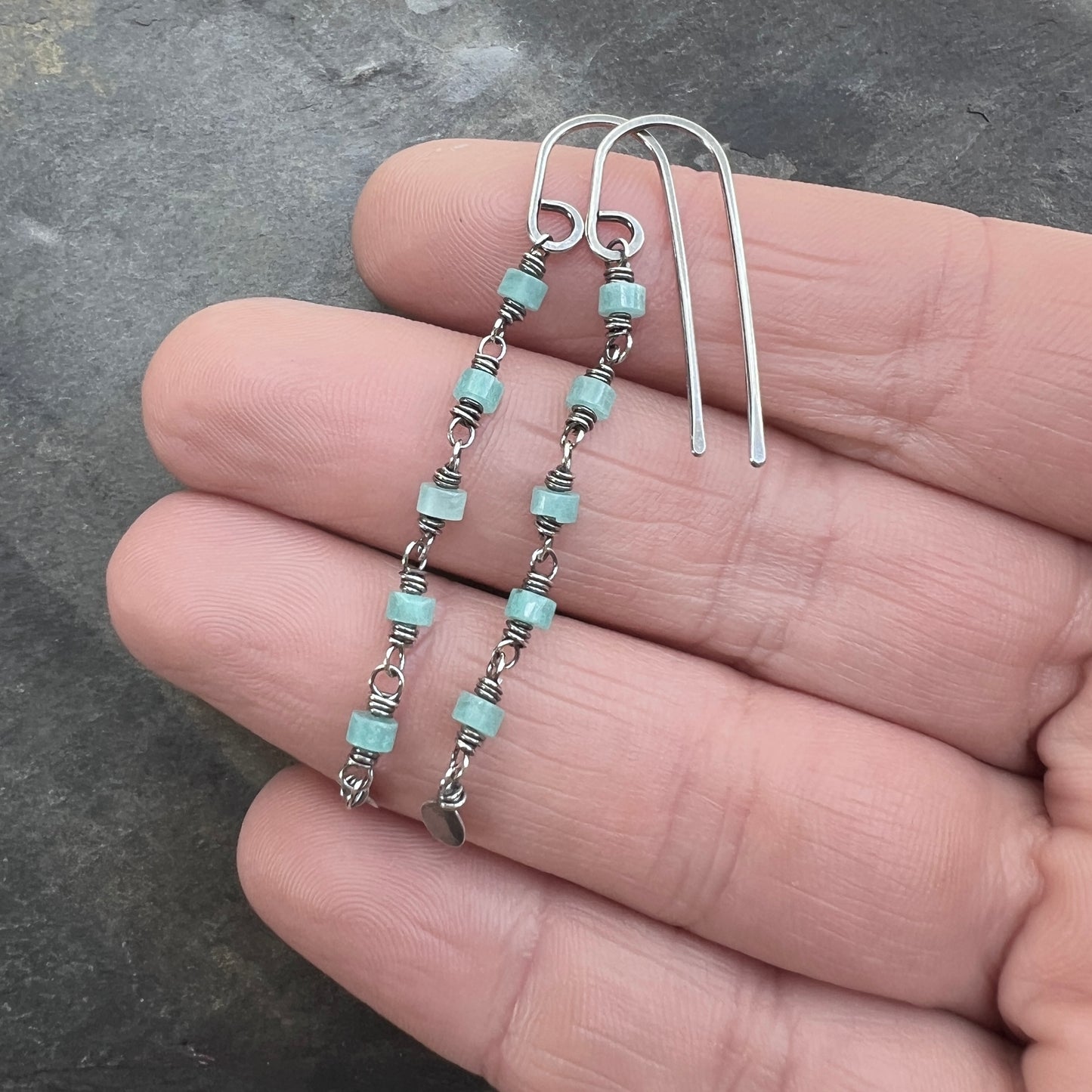Sterling Silver Amazonite Earrings | Aqua Natural Stone Long Dangle Earrings